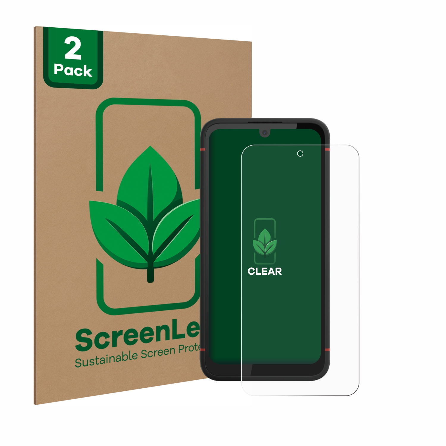 Smartphone mit Displayschutzfolie und Verpackung. Der Schutz ist klar. Weißer Hintergrund. 2er-Pack.