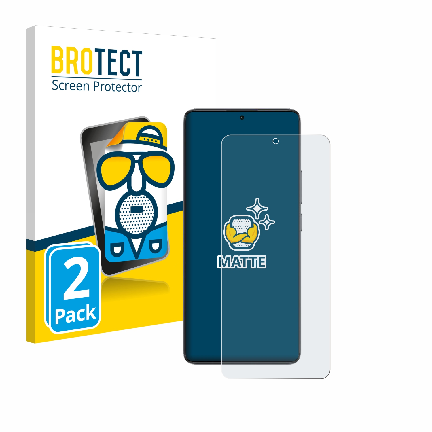 Ein Smartphone mit mattem Displayschutz neben einer BROTECT-Displayschutzbox mit Cartoon-Bild.