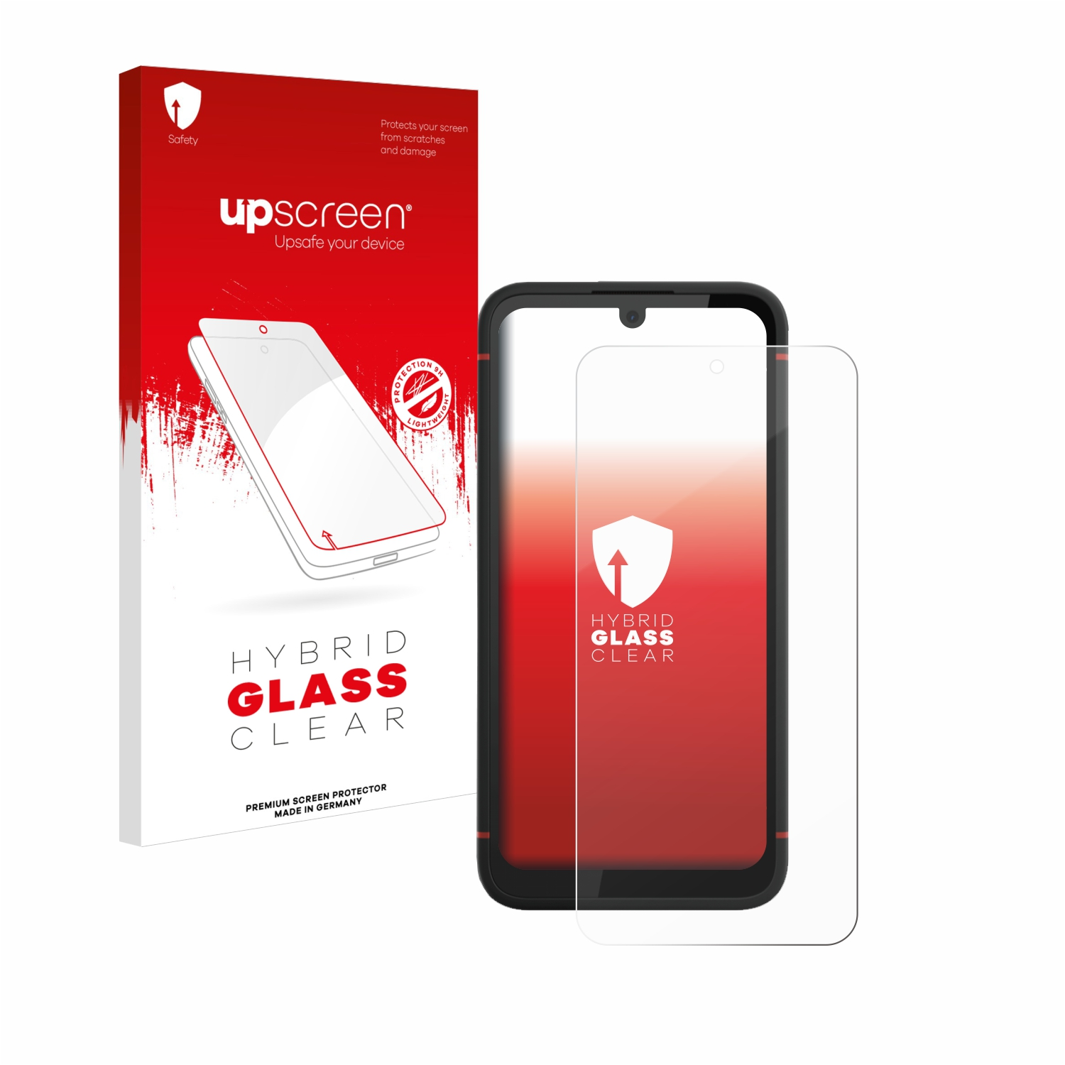 Ein Smartphone mit Displayschutz und Box. Das Telefon ist schwarz. Der Schutz ist klar und hat ein Logo.