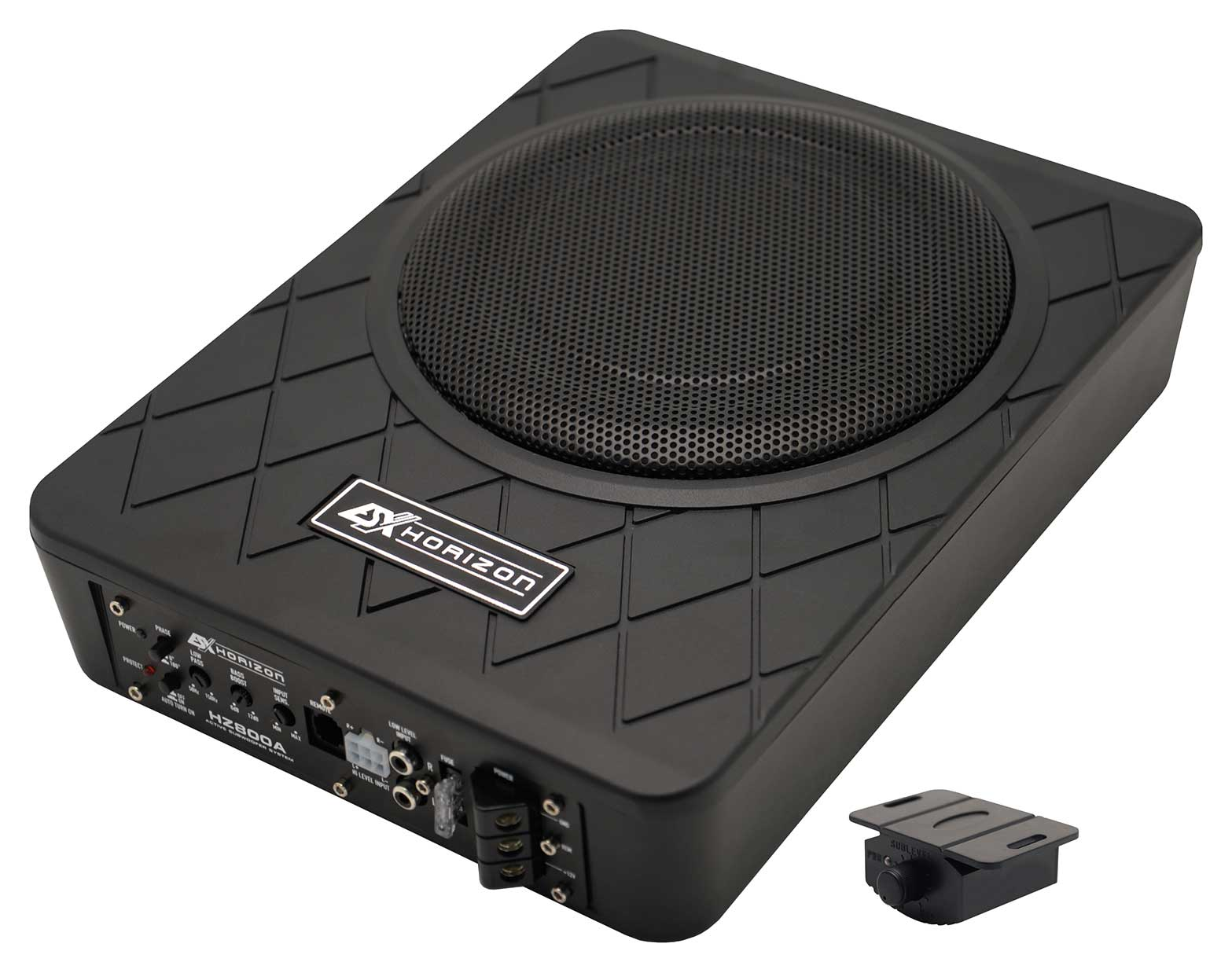 Ein schwarzer Auto-Subwoofer mit Lautsprechergitter und Bedienfeld, mit separater Steuerung.
