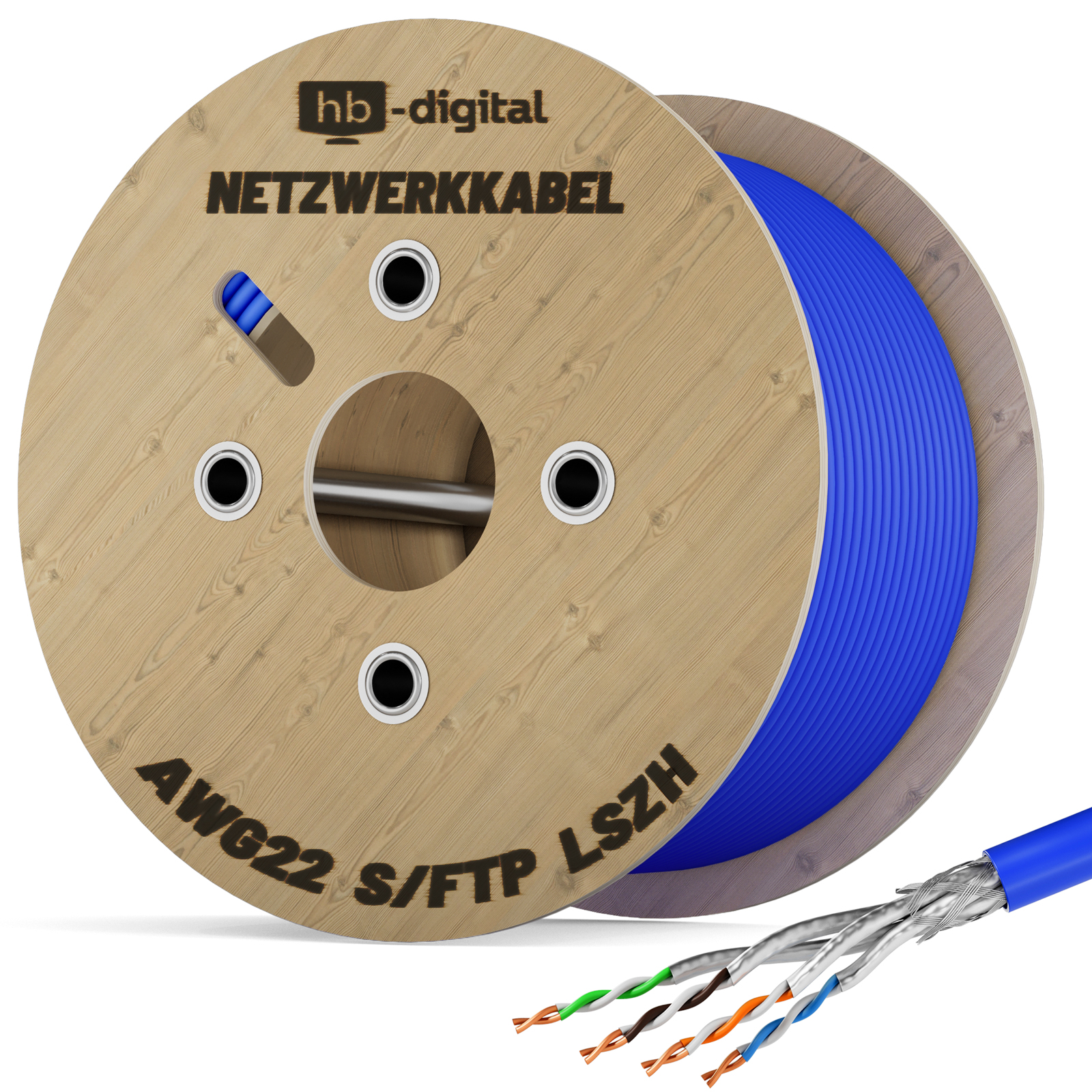 Holzspule mit blauem Kabel und Drahtanschnitt. Das Kabel ist blau mit farbigen Drähten innen.