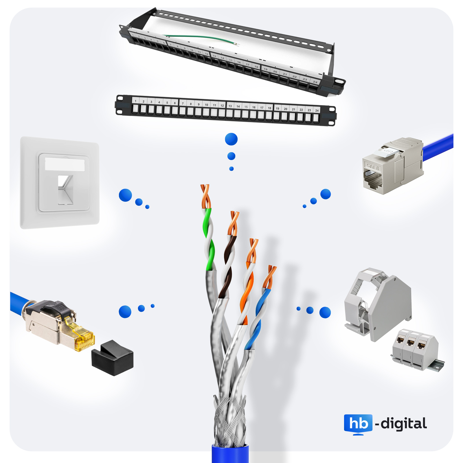 Netzwerkkabel und Komponenten: Patchfeld, RJ45-Anschlüsse, Drähte und andere verwandte Artikel.
