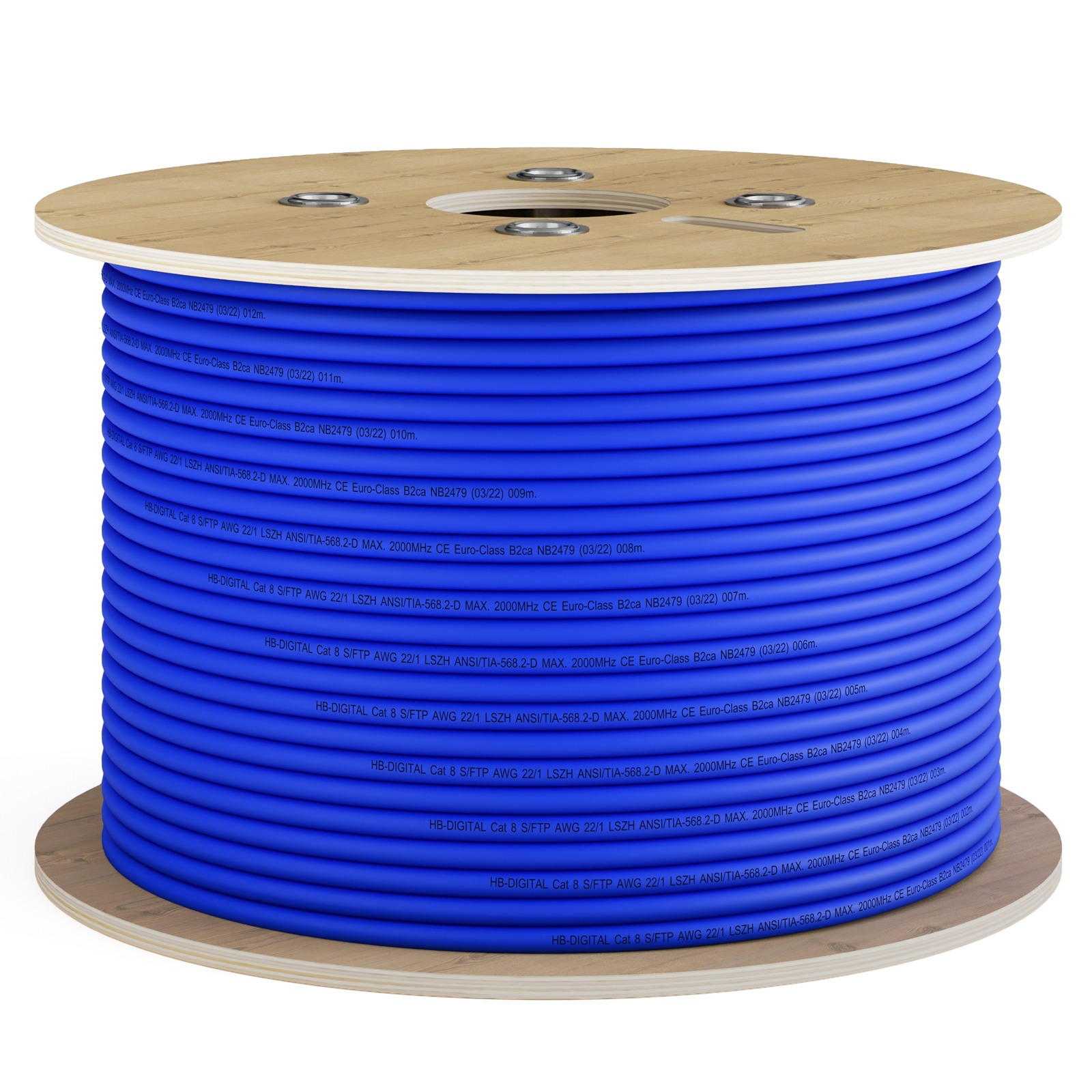Ein blaues Kabel ist um eine Holzspule gewickelt. Text ist auf das Kabel gedruckt.