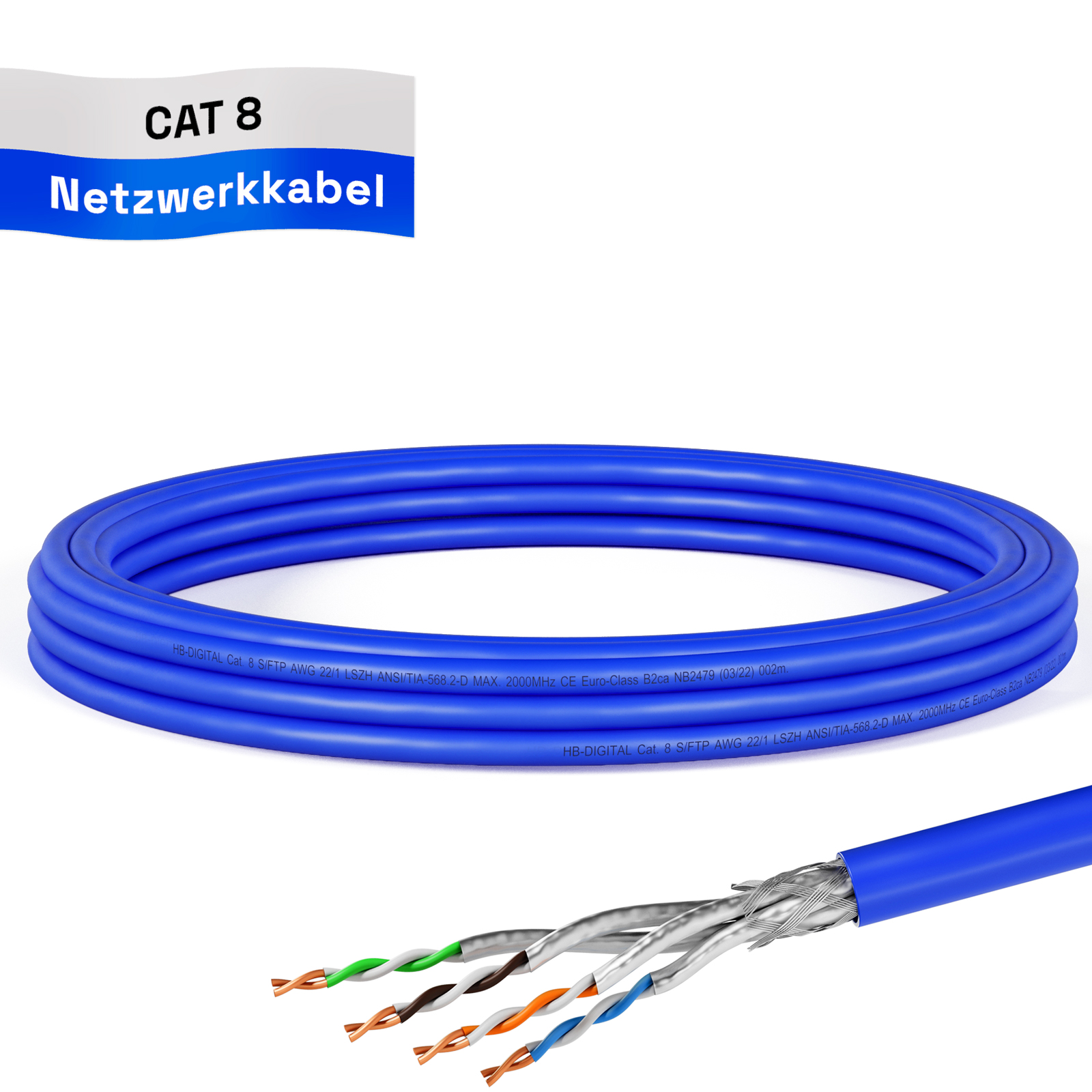 Blaue Netzwerkkabelrolle mit aufgeschnittenem Abschnitt und Etikett.