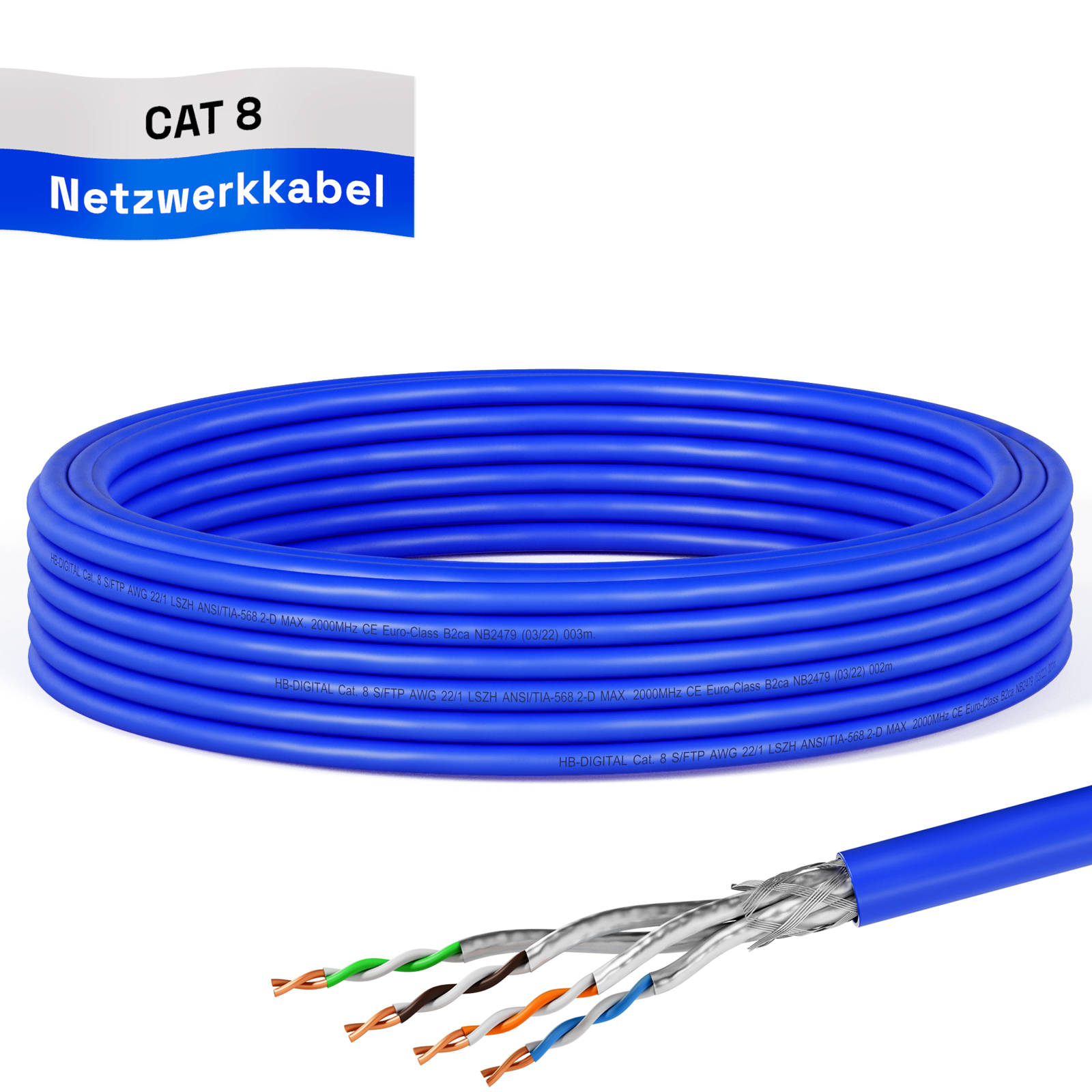 Blaues Netzwerkkabel aufgerollt, mit einem Schnitt, der die inneren Drähte zeigt. Ein Banner sagt CAT 8 Netzwerkabel.
