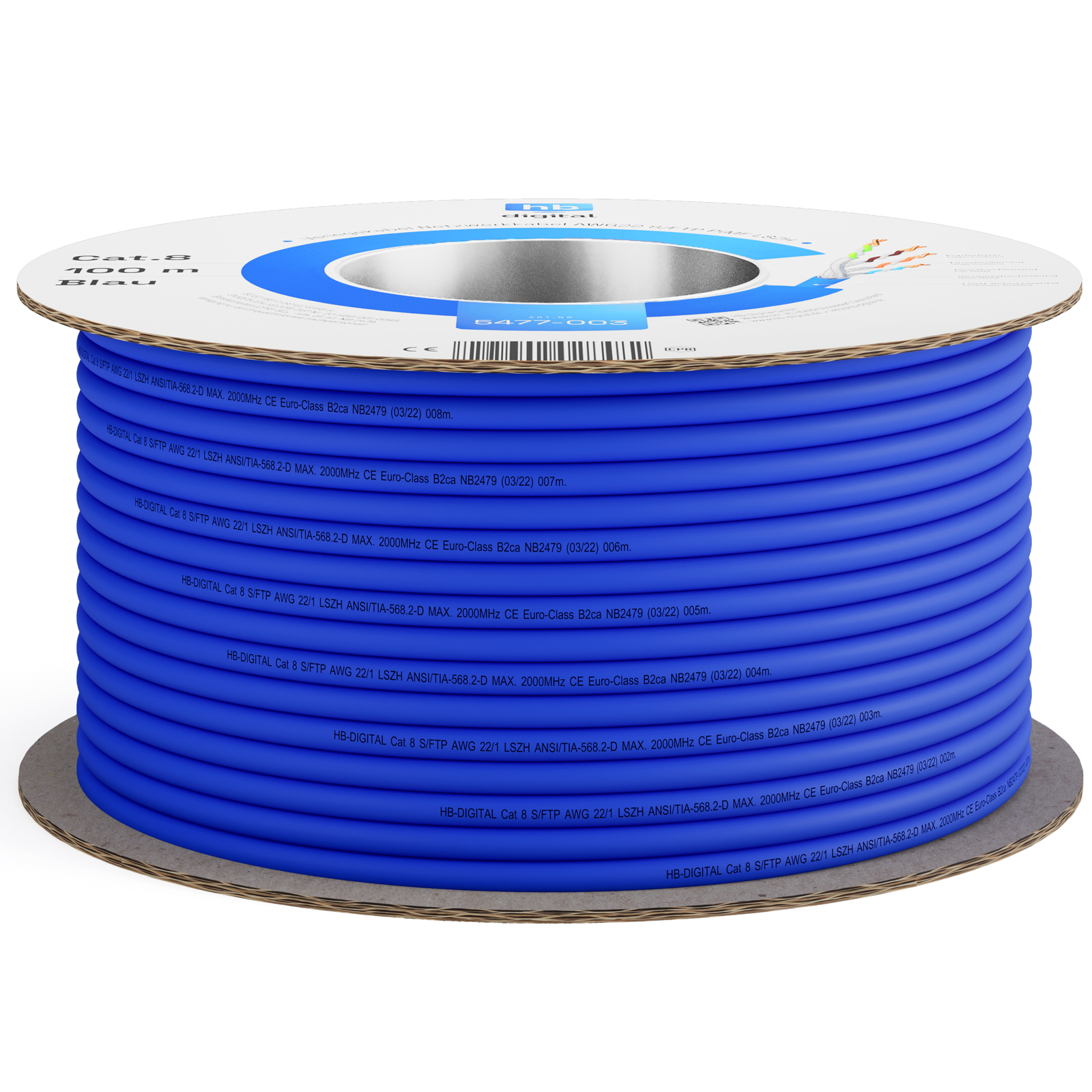 Ein blaues Kabel auf einer Spule, mit Etiketten, die die Kabelinformationen anzeigen.