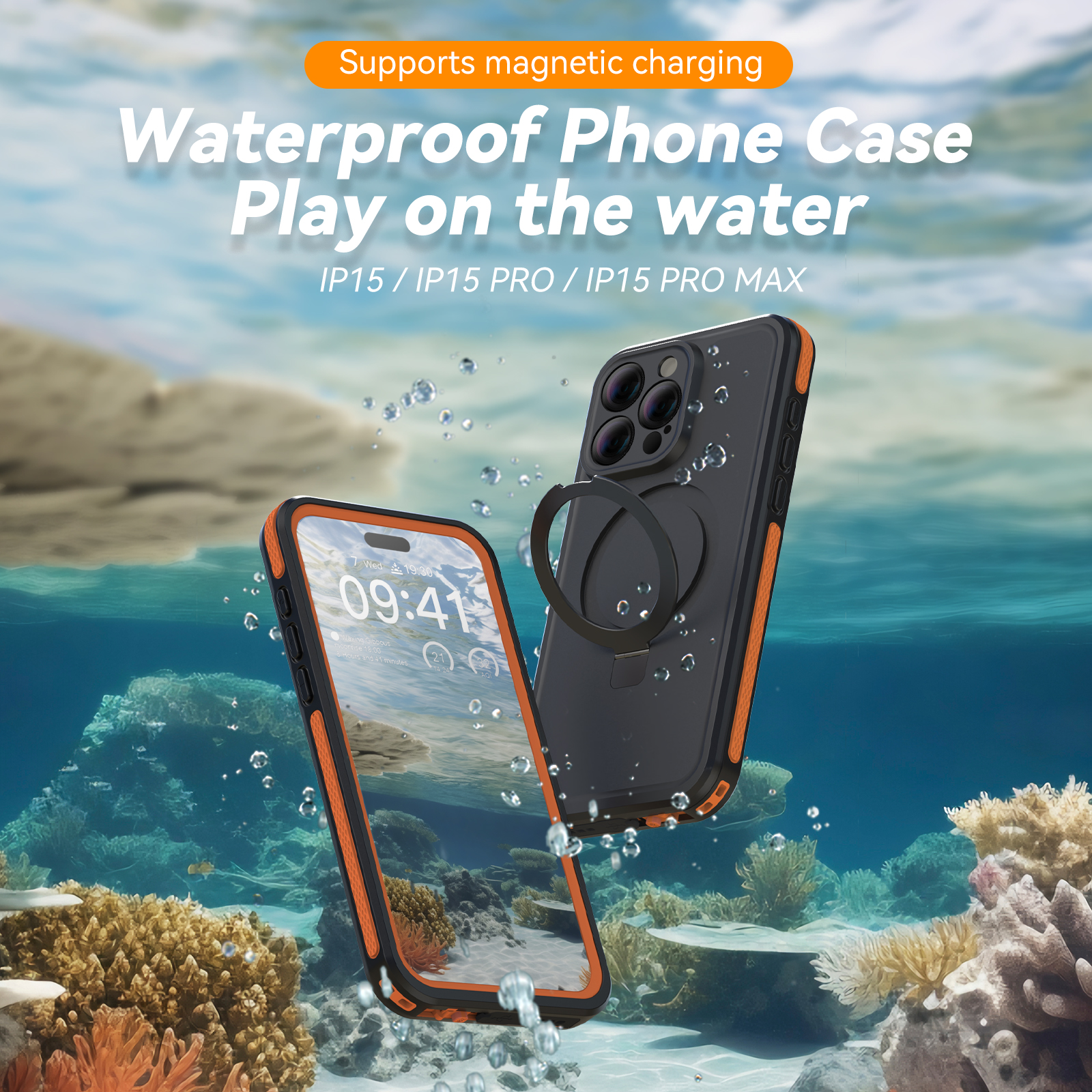 Two phones in waterproof cases, one in the water, with text about features.