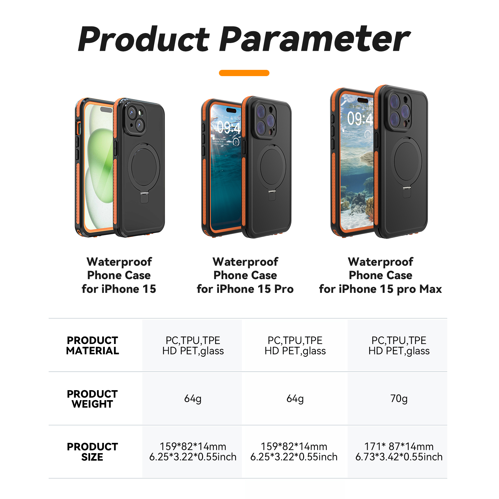 Three phone cases with different designs. Text: Waterproof Phone Case for iPhone 15, 15 Pro, 15 Pro Max.