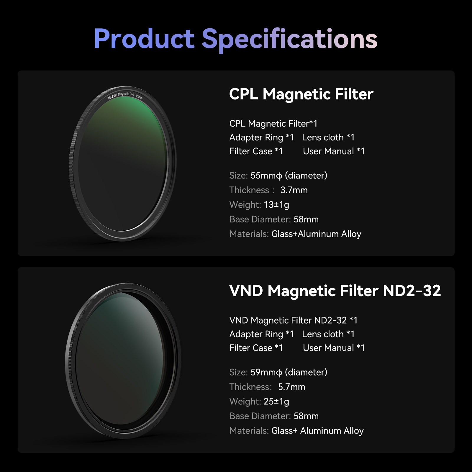 Productspecificaties voor CPL- en VND-magnetische filters. Inclusief grootte, dikte en materialen.