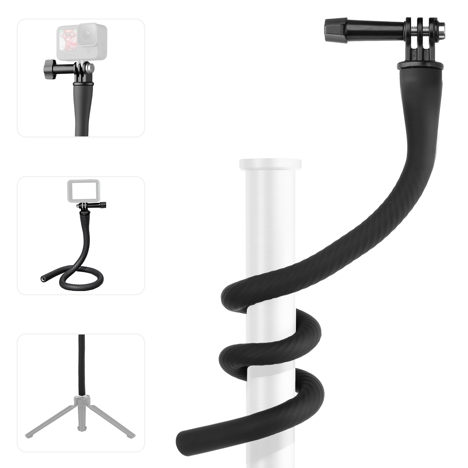 Support de caméra flexible noir. Il s'enroule autour d'un poteau blanc. Trois petites images montrent l'assemblage.