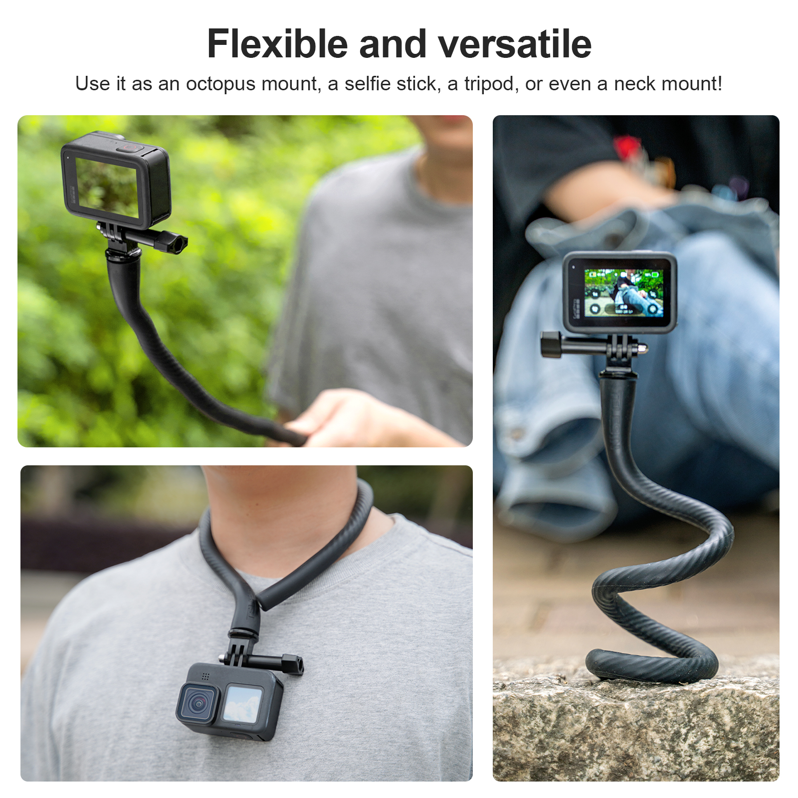 Support de caméra flexible utilisé comme support poulpe, perche à selfie, trépied ou cou.