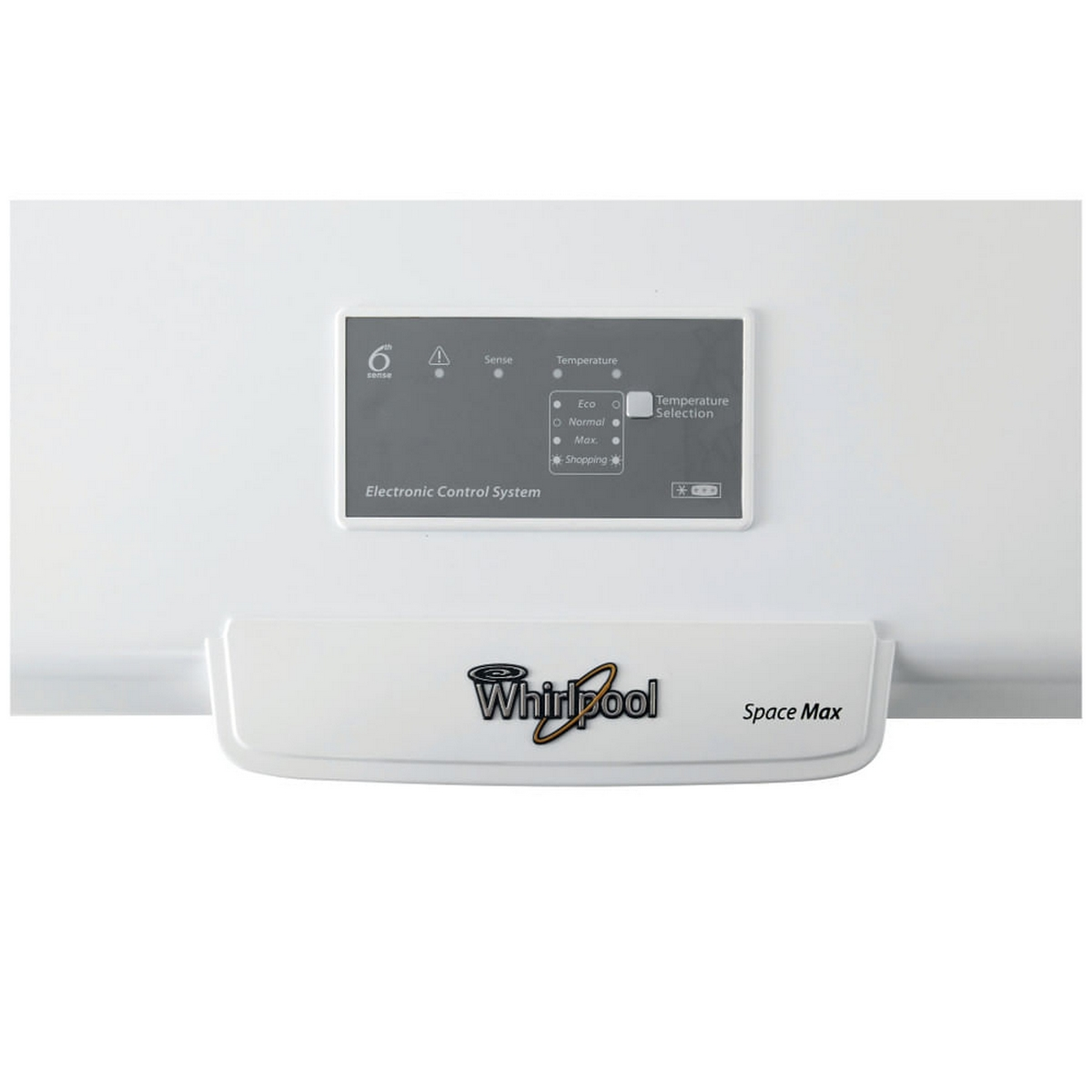 Pannello di controllo bianco elettrodomestico Whirlpool con display, pulsanti e logo.