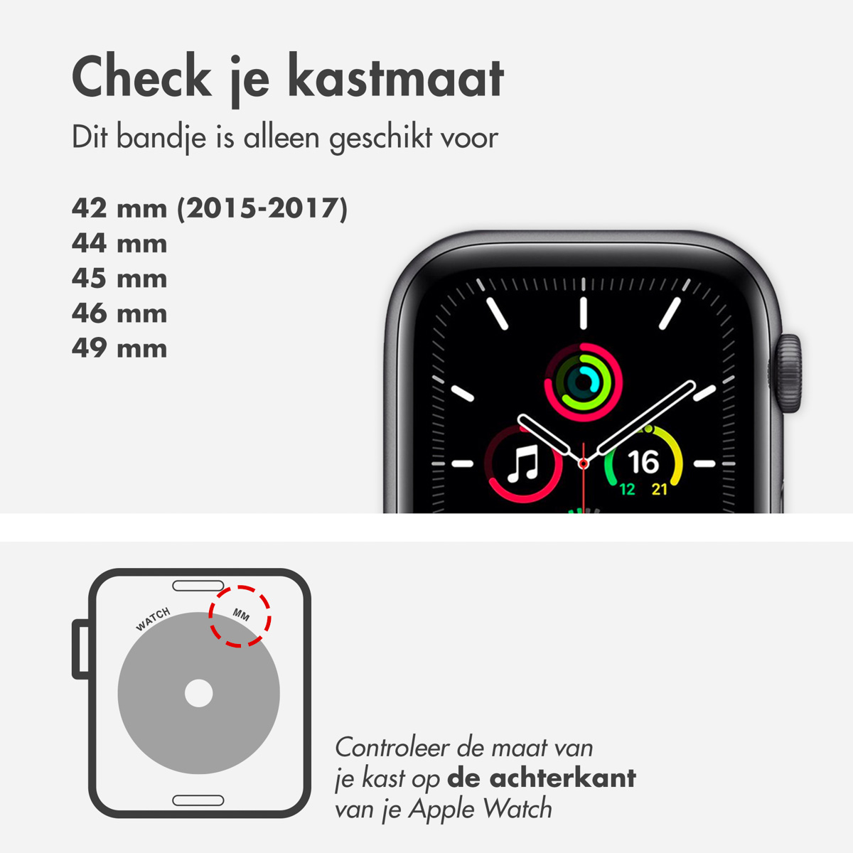 Apple Watch na nadgarstku z tekstem i diagramami wskazującymi rozmiary pasków do zegarka.