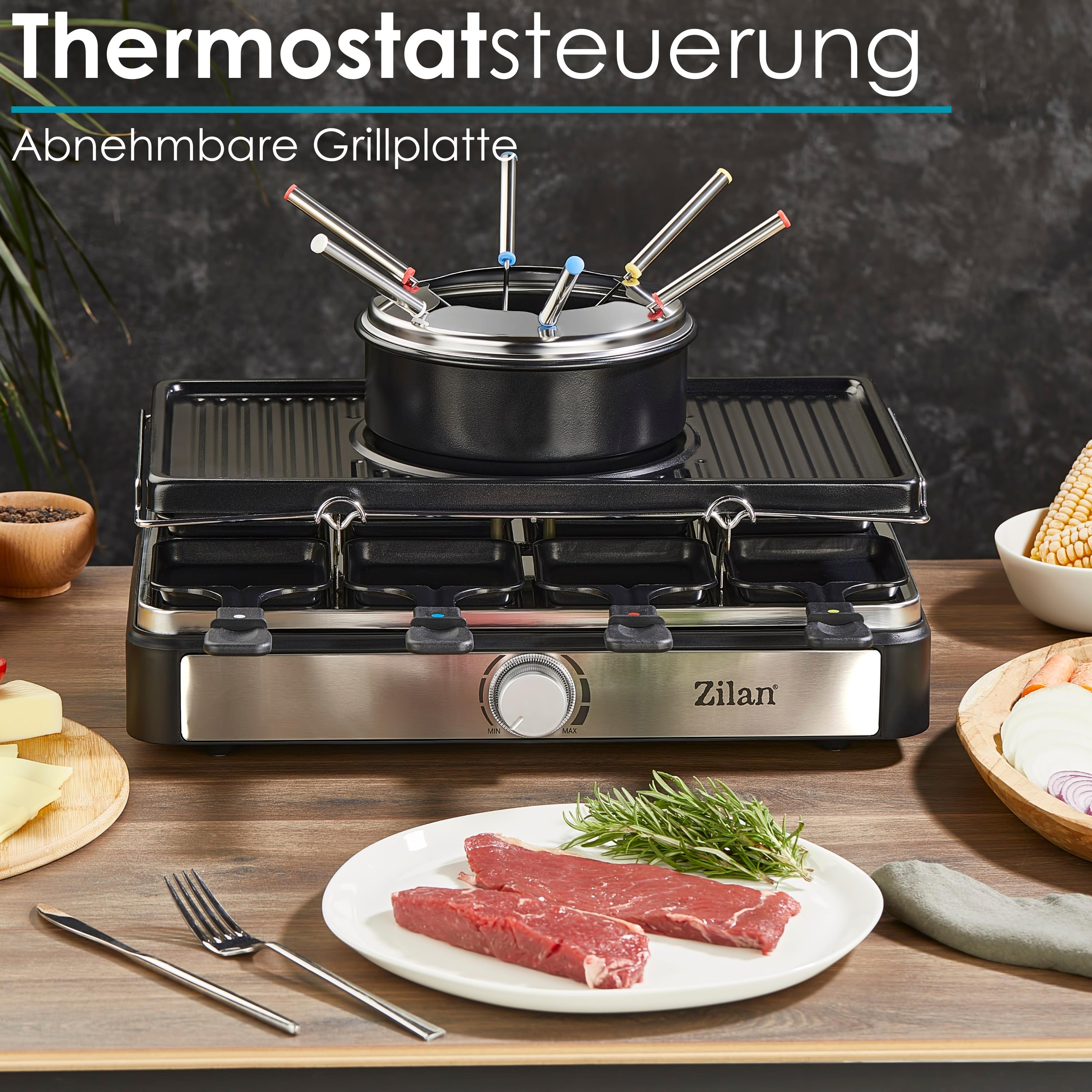 Ein Raclette-Grill mit rohem Fleisch und Gemüse. Text: Thermostatsteuerung. Hintergrund: Holztisch.