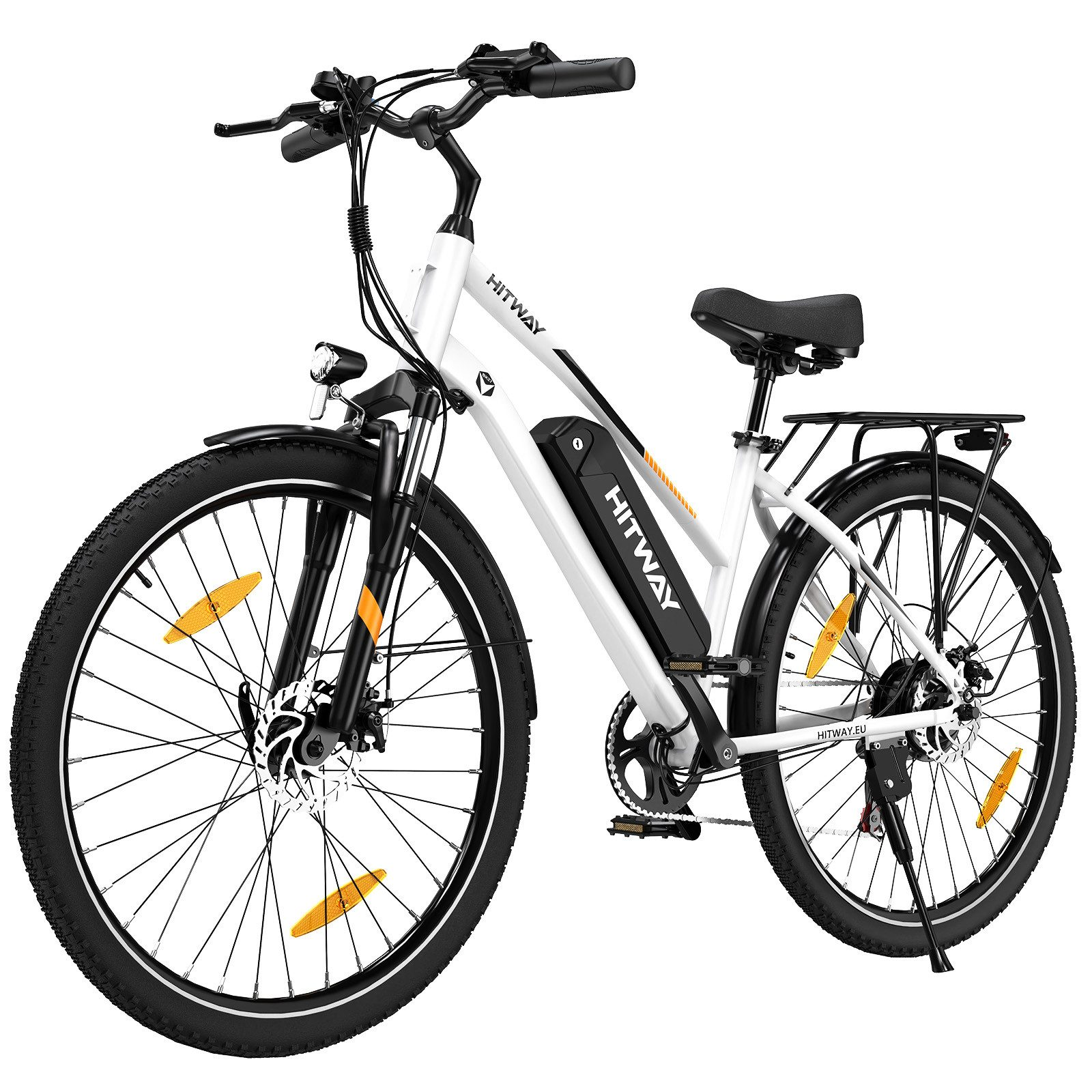 Weißes und schwarzes Elektrofahrrad. Merkmale sind Scheinwerfer, vordere und hintere Reflektoren und Akku.