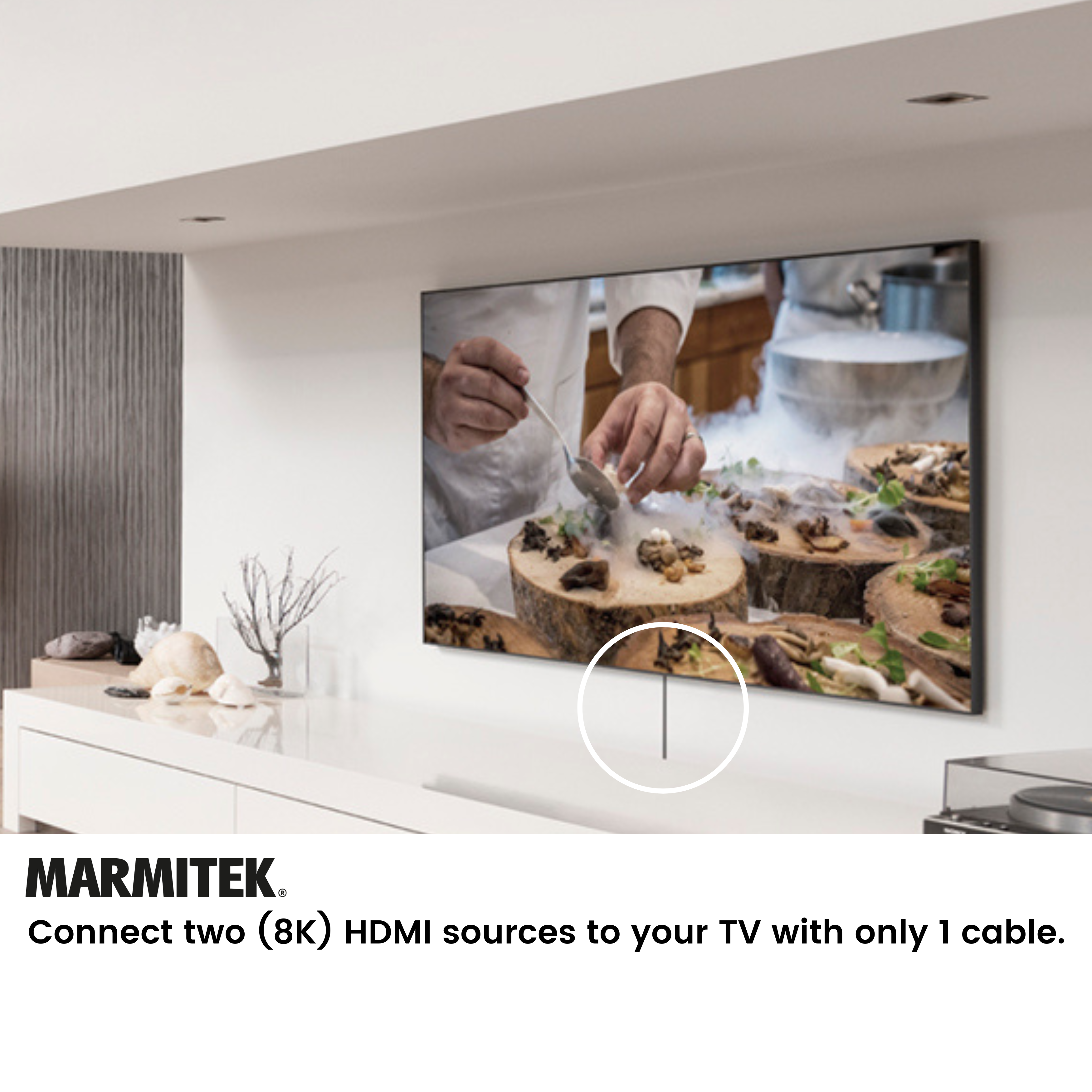 Un téléviseur montre un chef cuisinier. Le texte dit : Connectez deux sources HDMI (8K) à votre téléviseur.
