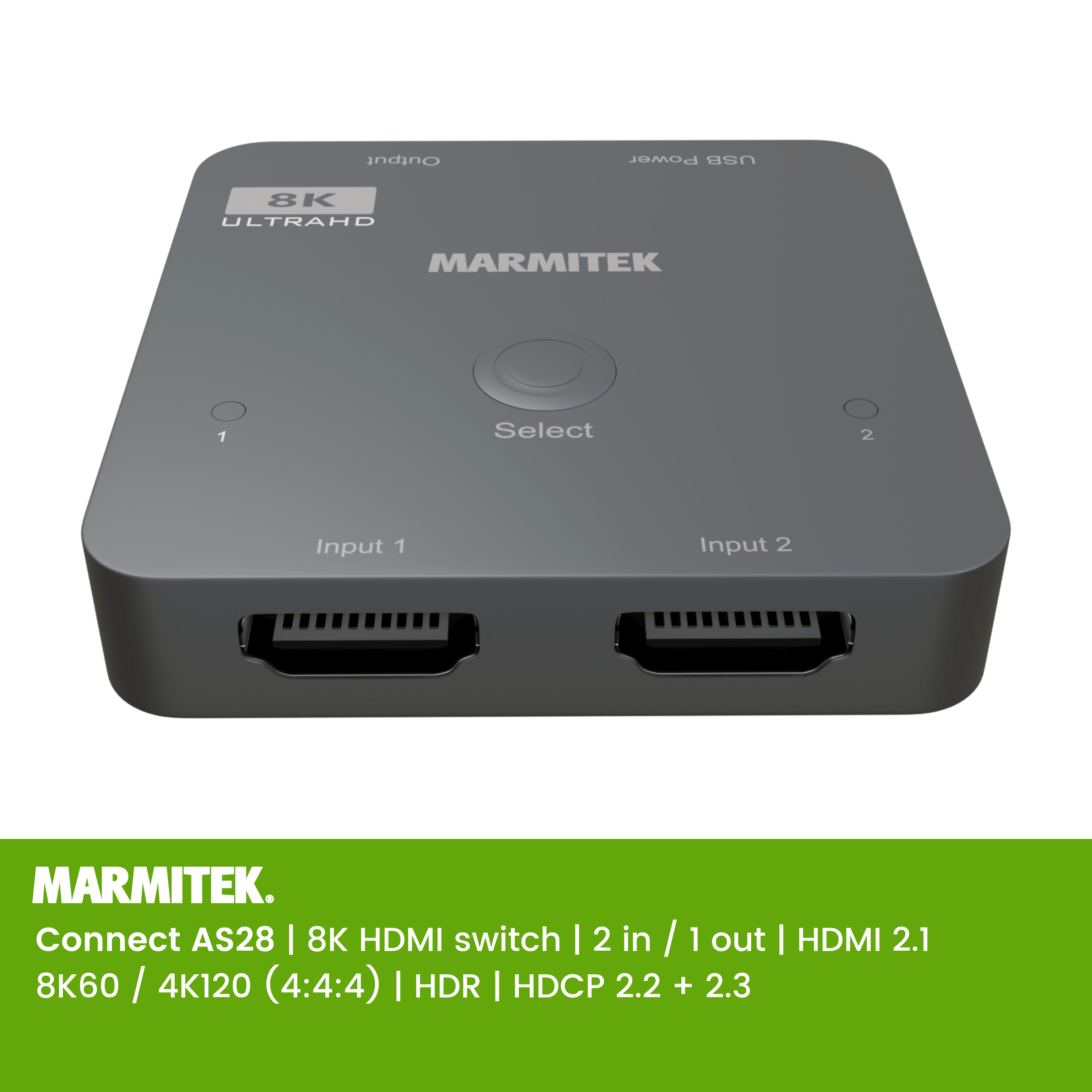 Un commutateur HDMI 8K gris avec ports d'entrée et un bouton de sélection. La marque est Marmitek.