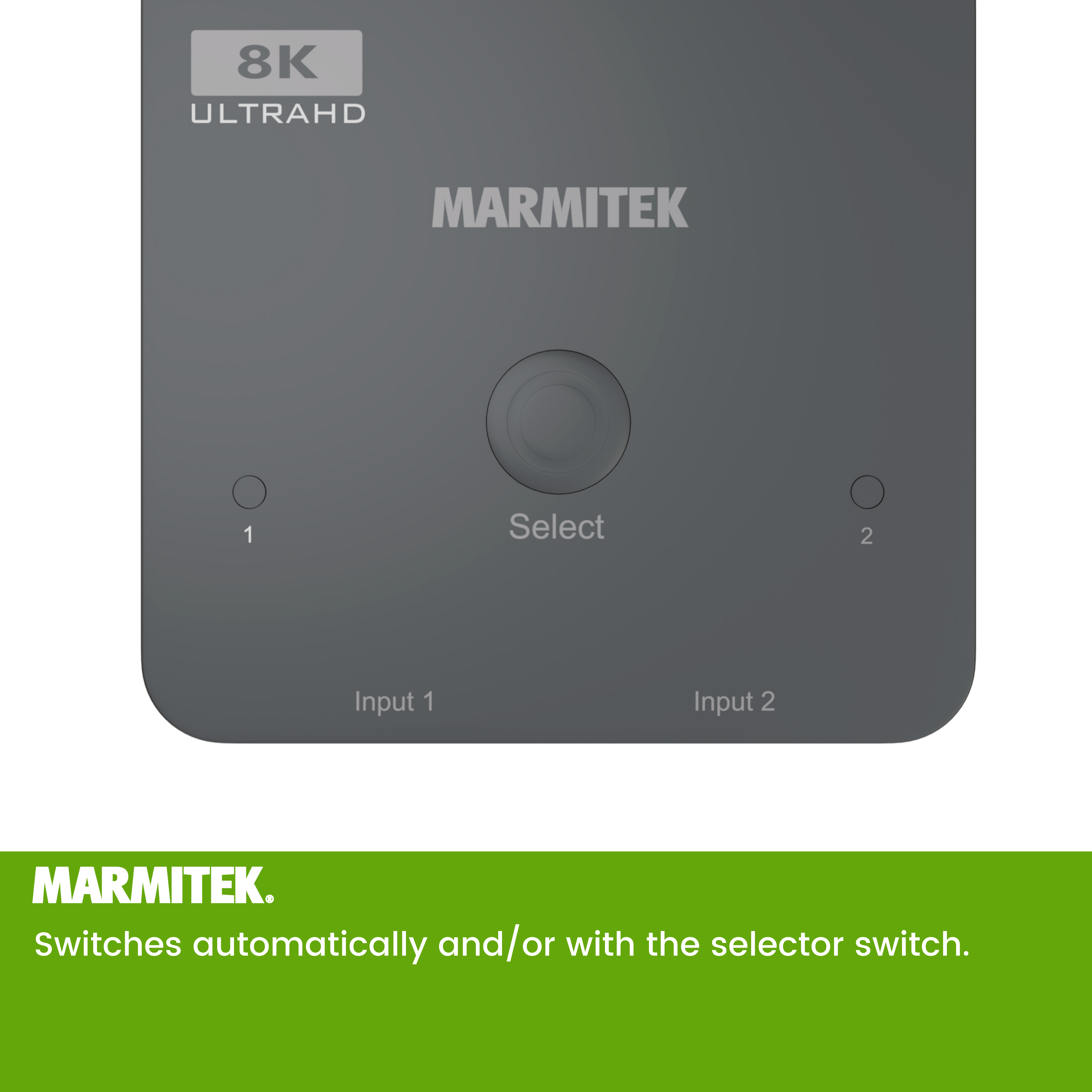 Un appareil Marmitek gris avec deux entrées et sorties, étiqueté entrée 1 et 2, avec un bouton de sélection central.