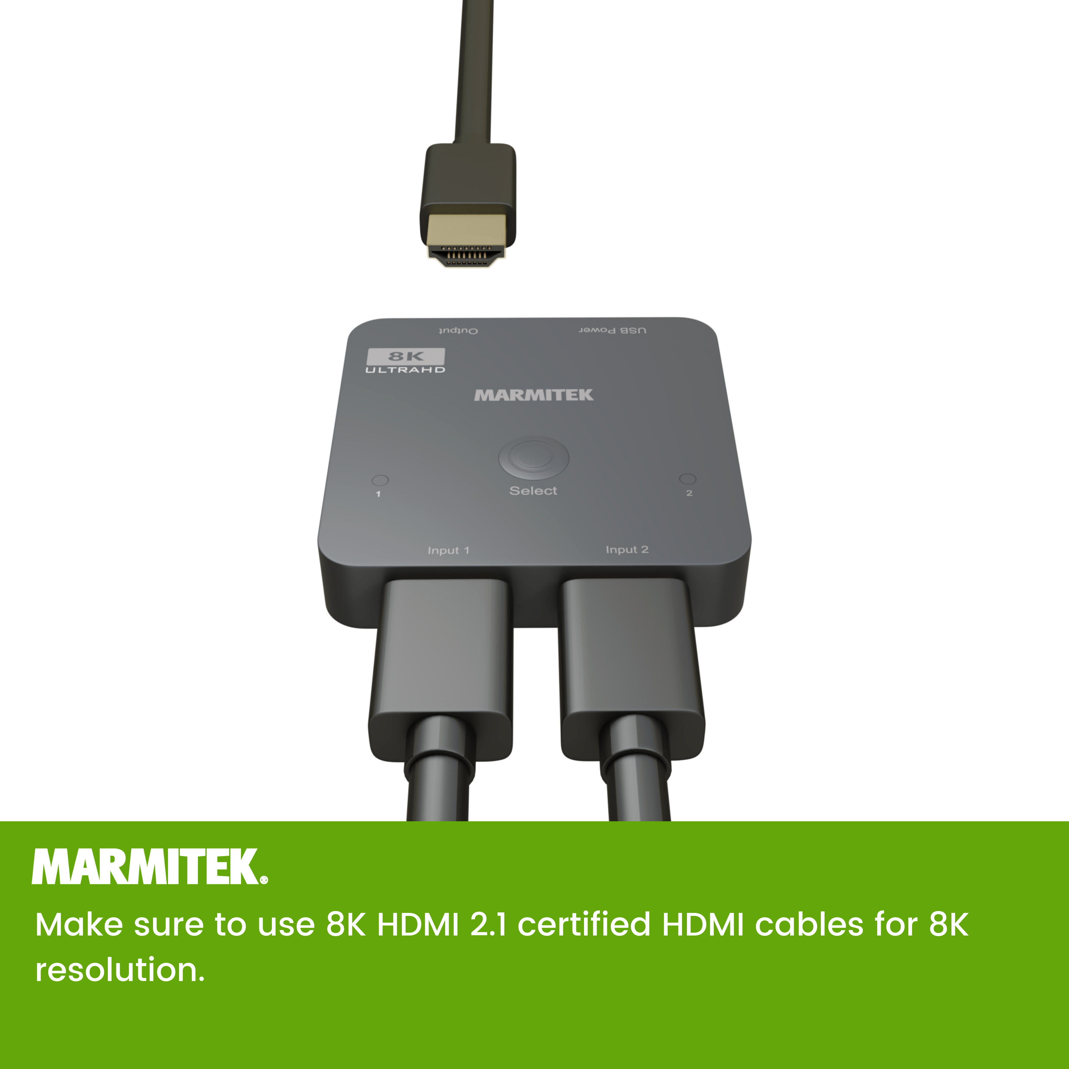 Commutateur HDMI 8K, avec deux ports d'entrée et un port de sortie, fond noir.