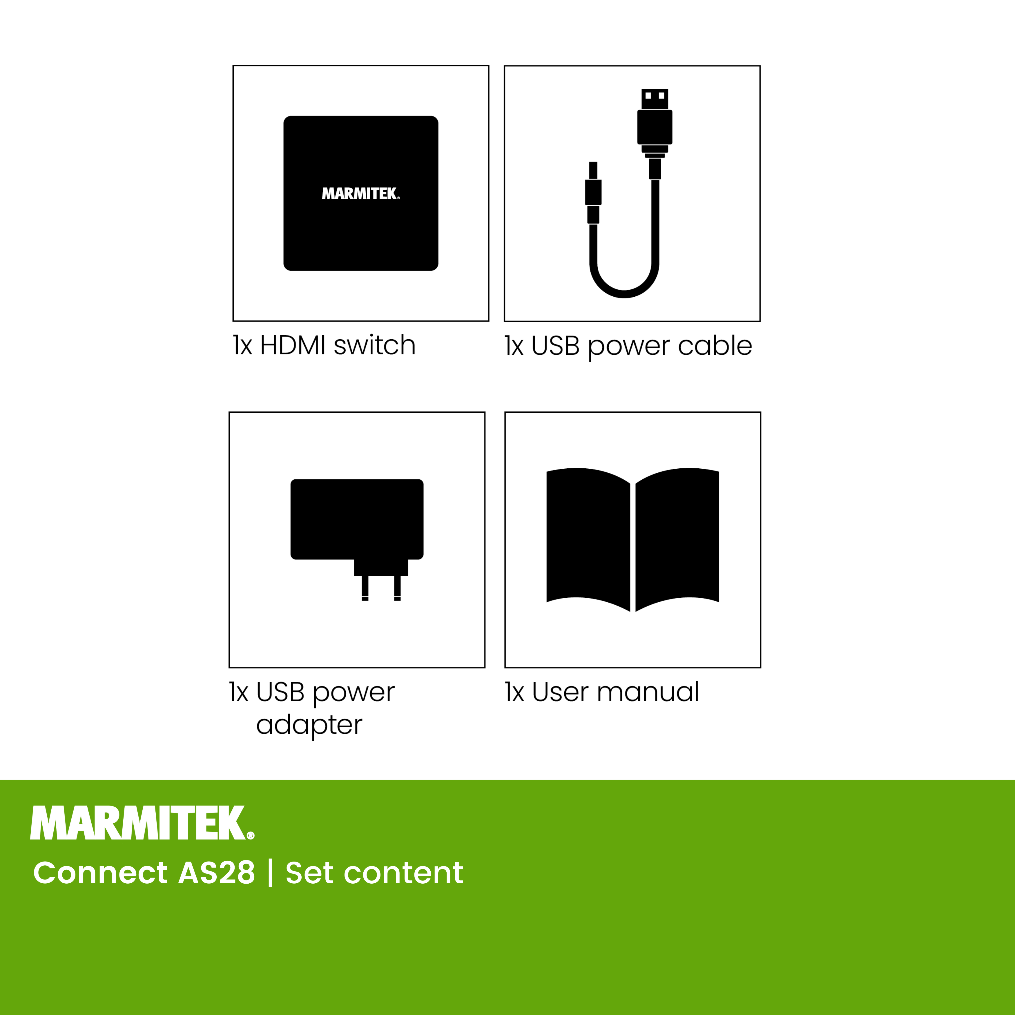 Quatre icônes : commutateur HDMI, câble d'alimentation USB, adaptateur secteur USB et manuel d'utilisation.