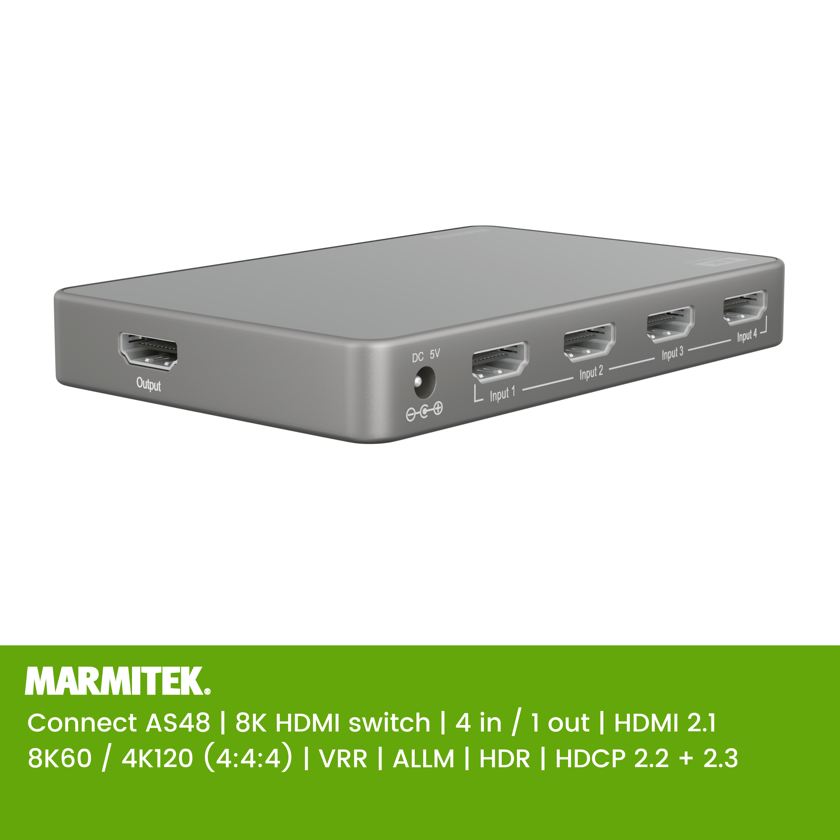 Grijze HDMI-switch met meerdere in- en uitgangen. Witte achtergrond.