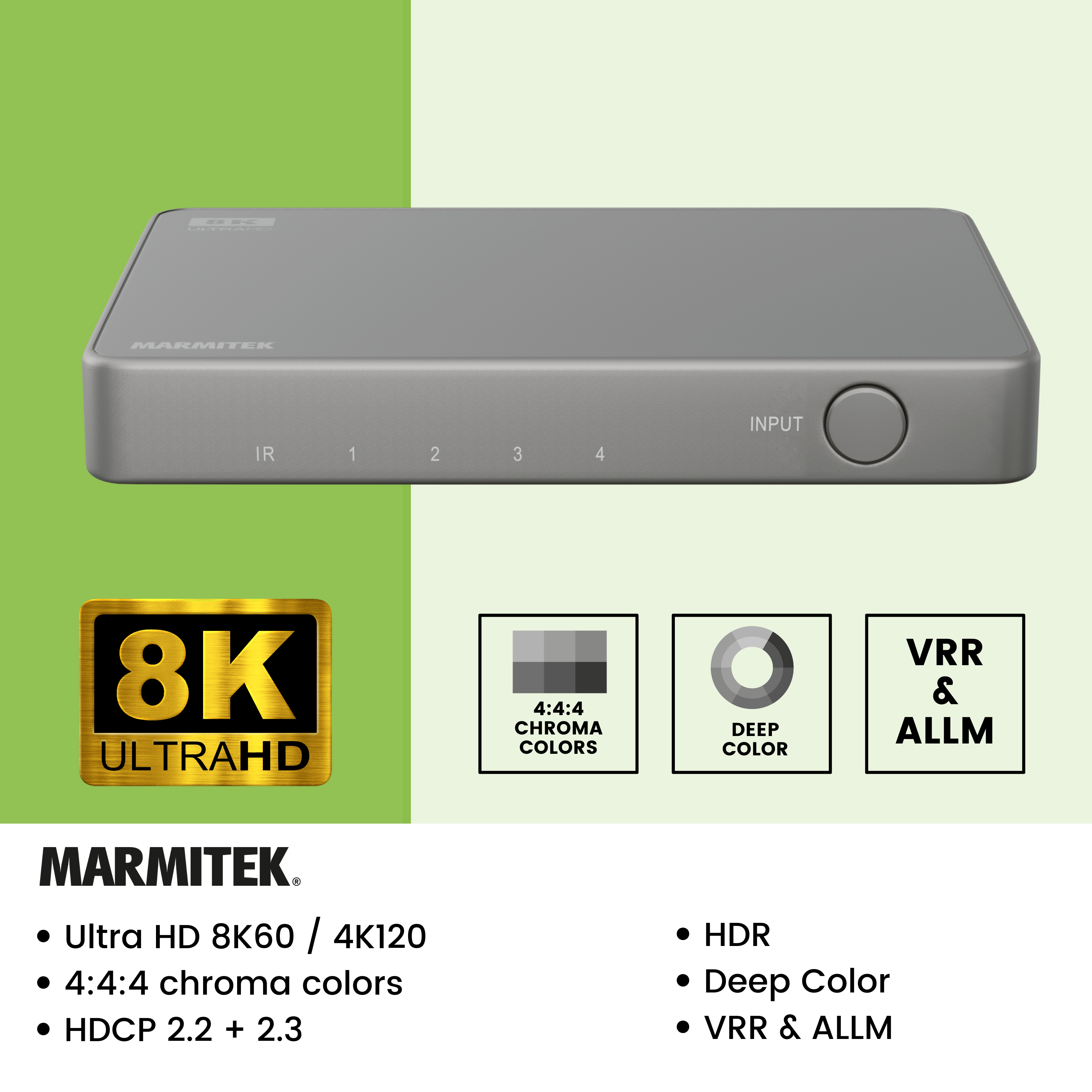 Zilvergrijs 8K Ultra HD-apparaat met meerdere ingangspoorten en een zwart logo.