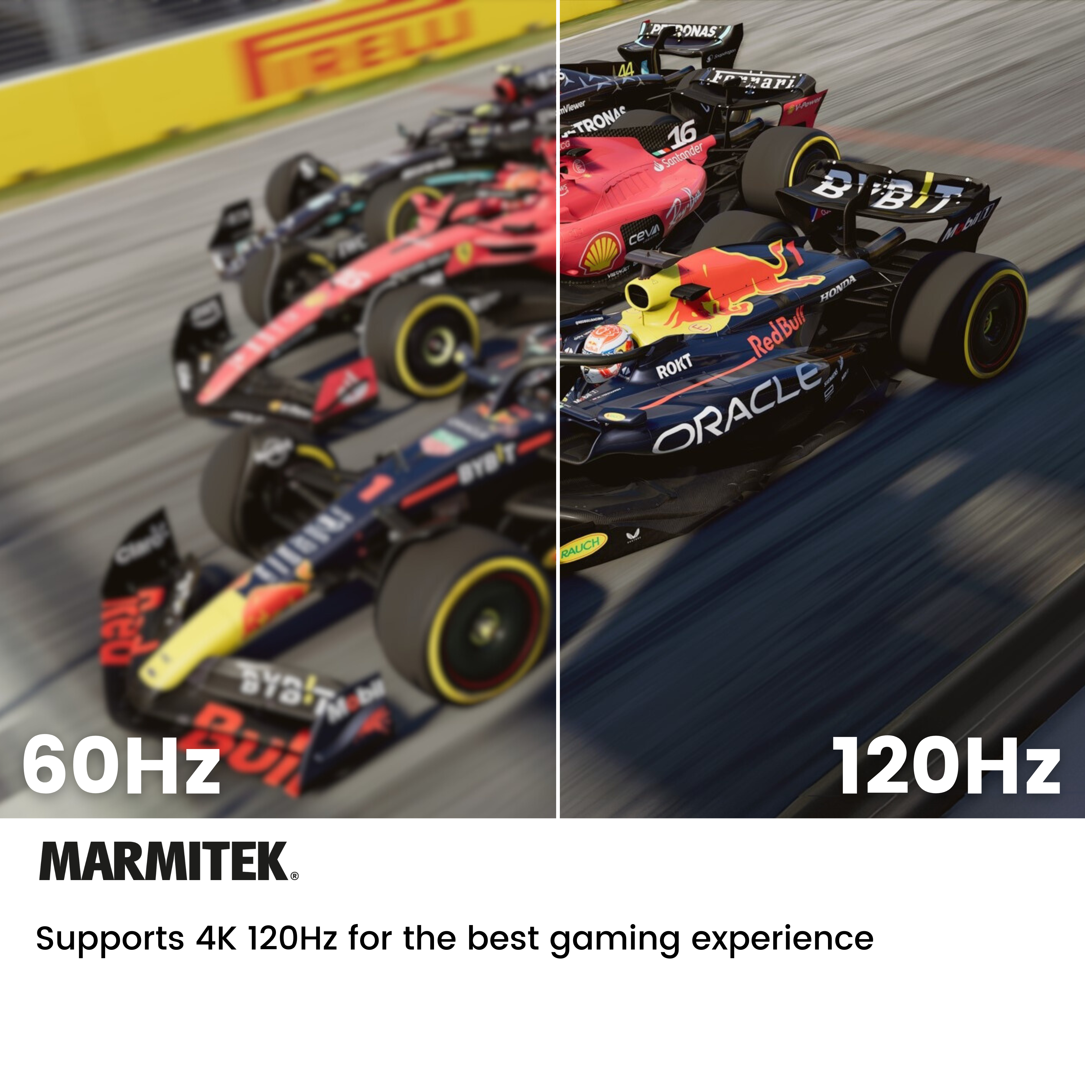 Afbeelding toont twee schermen met raceauto's, één 60Hz, de andere 120Hz, en tekst: Ondersteunt 4K 120Hz.