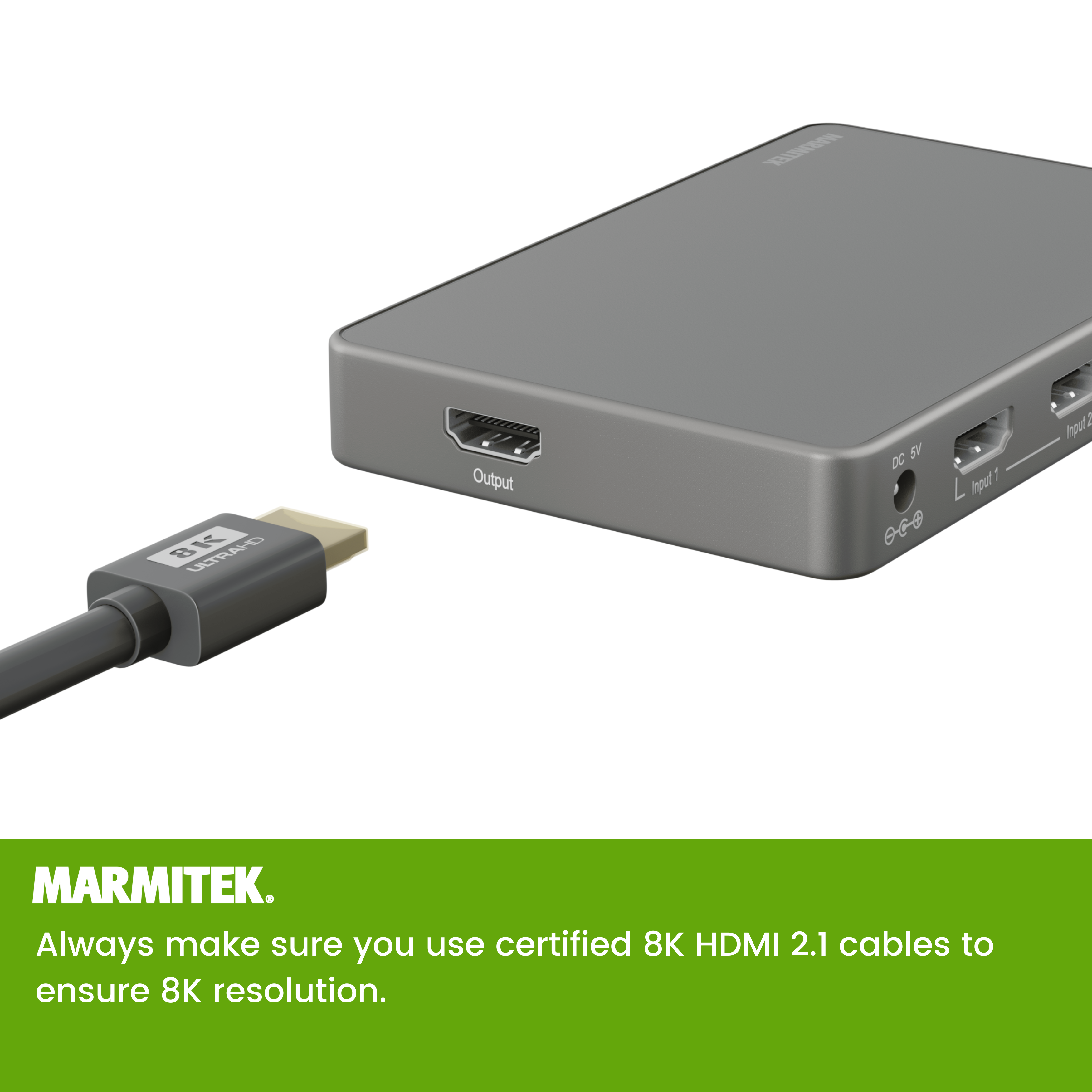 HDMI-kabel aangesloten op een grijs 8K HDMI 2.1-apparaat met Marmitek-merk.