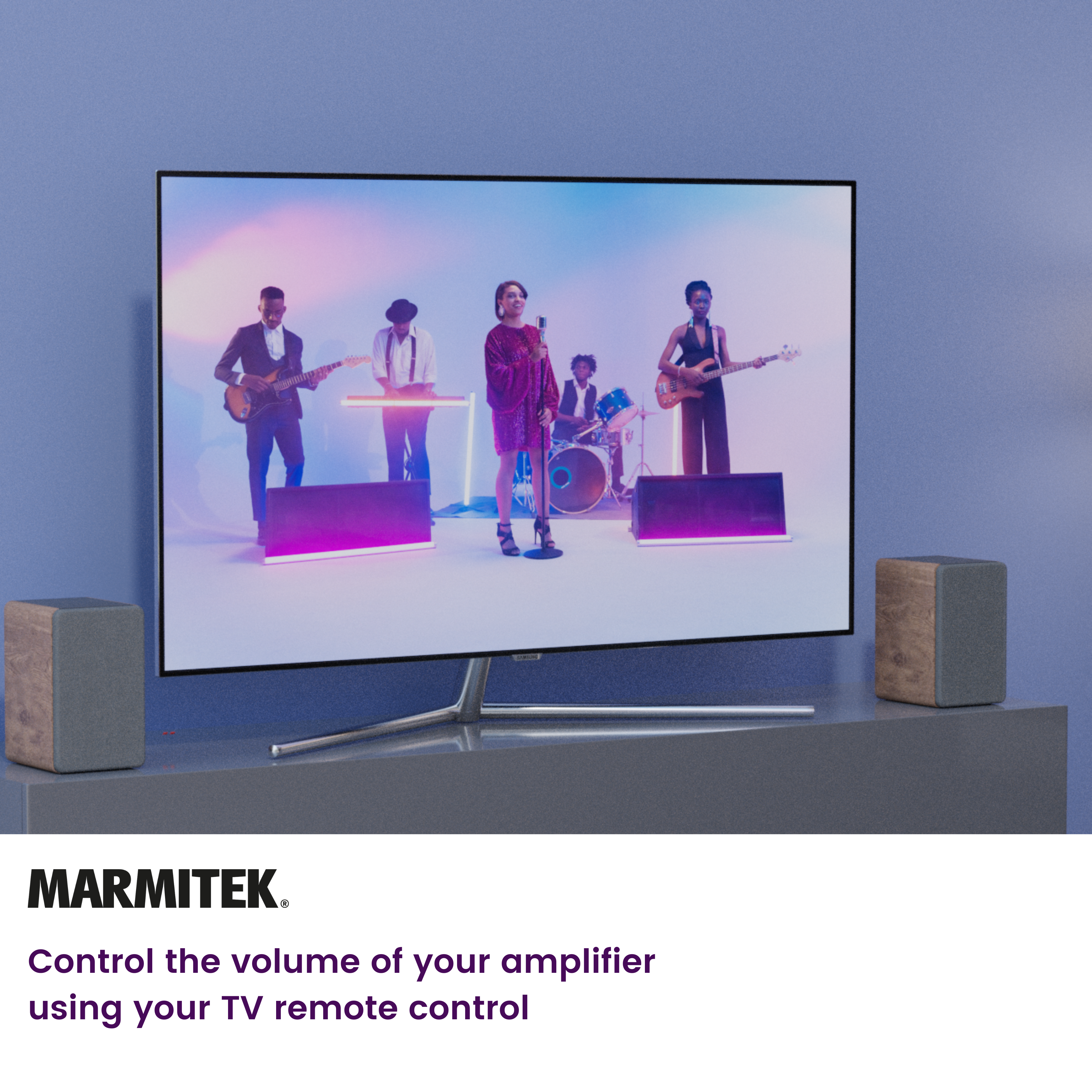 A band performing live on stage in front of a large TV screen. Two speakers are on either side.