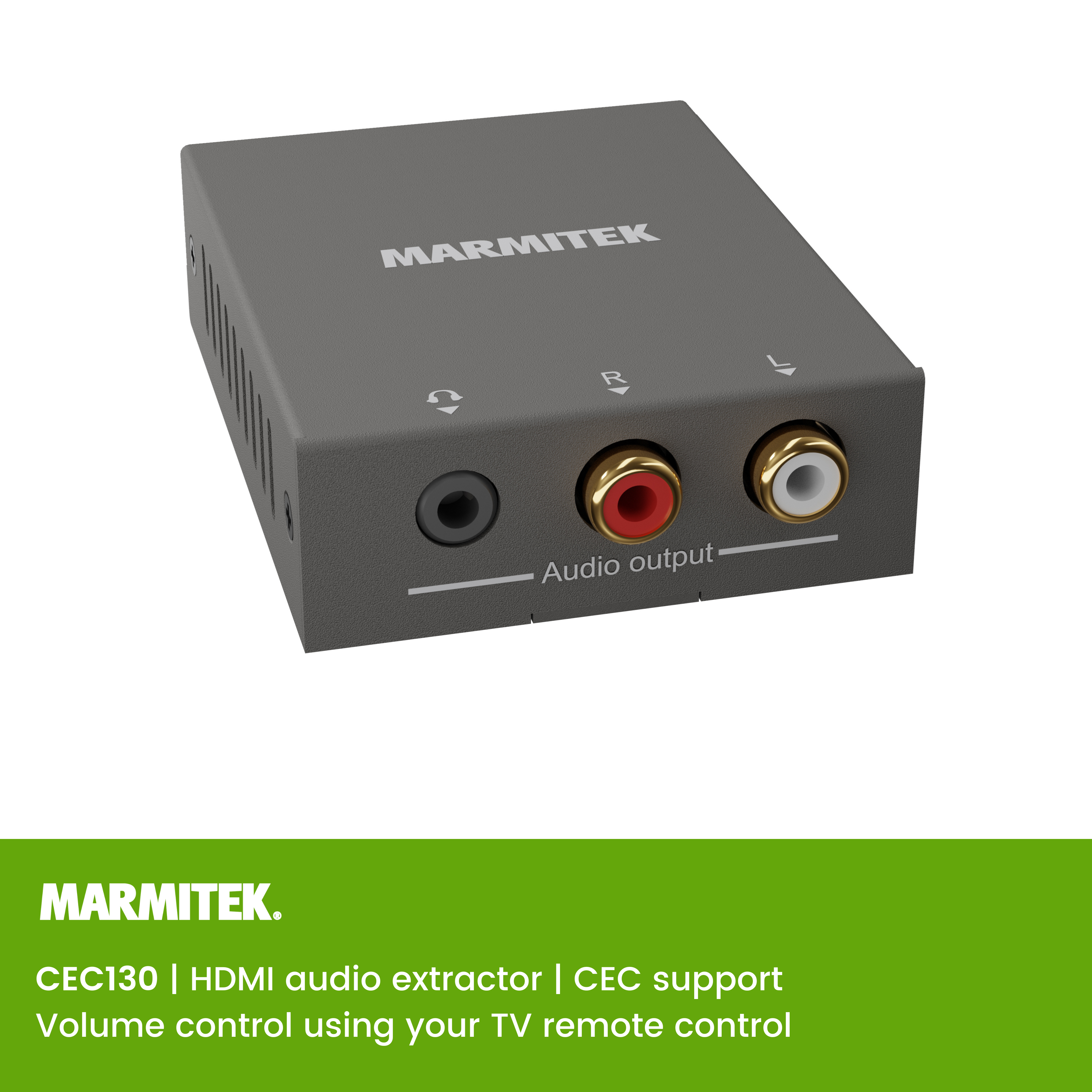 A black MARMITEK HDMI audio extractor with audio output ports.
