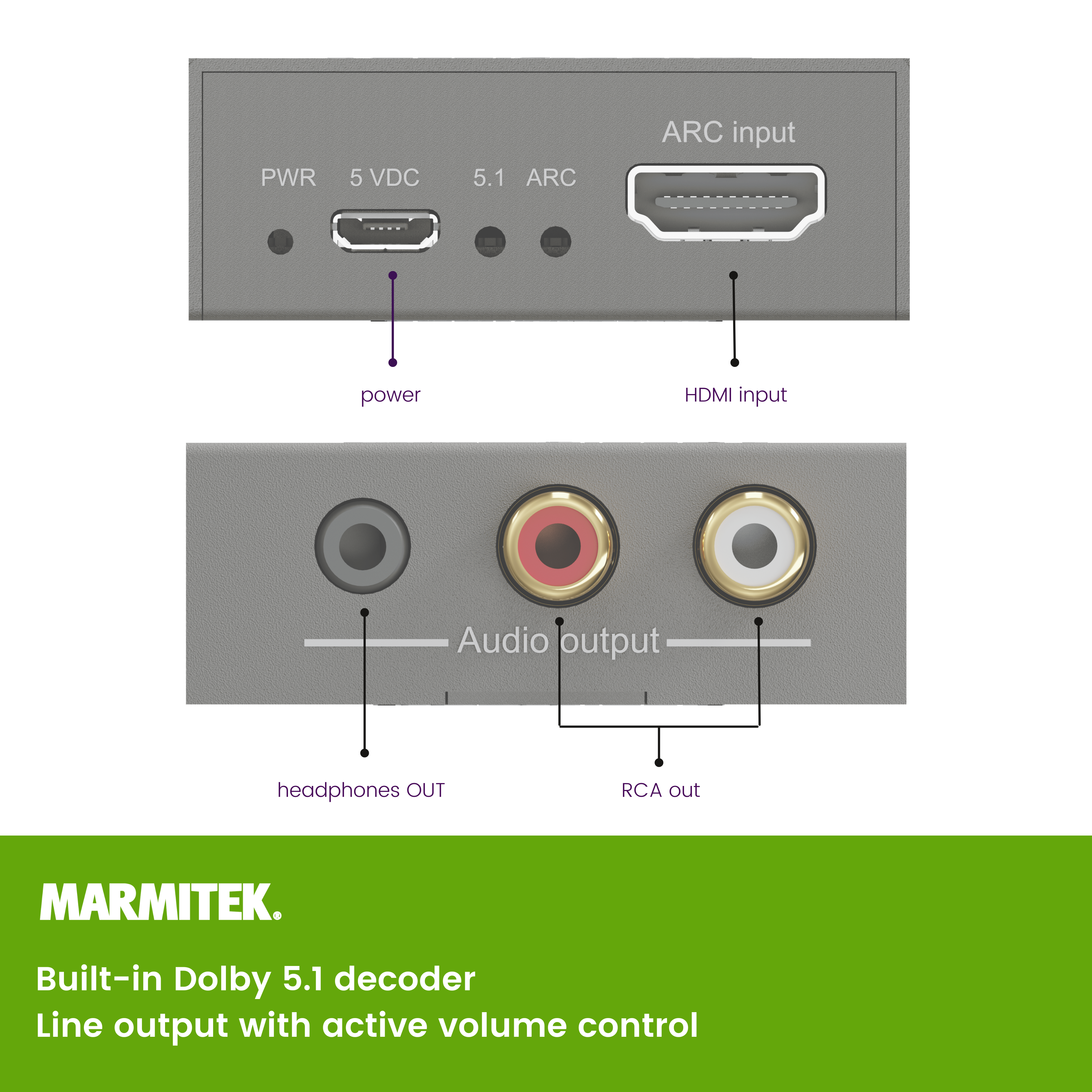 An audio device with multiple ports. The device has power, HDMI, and audio output ports.