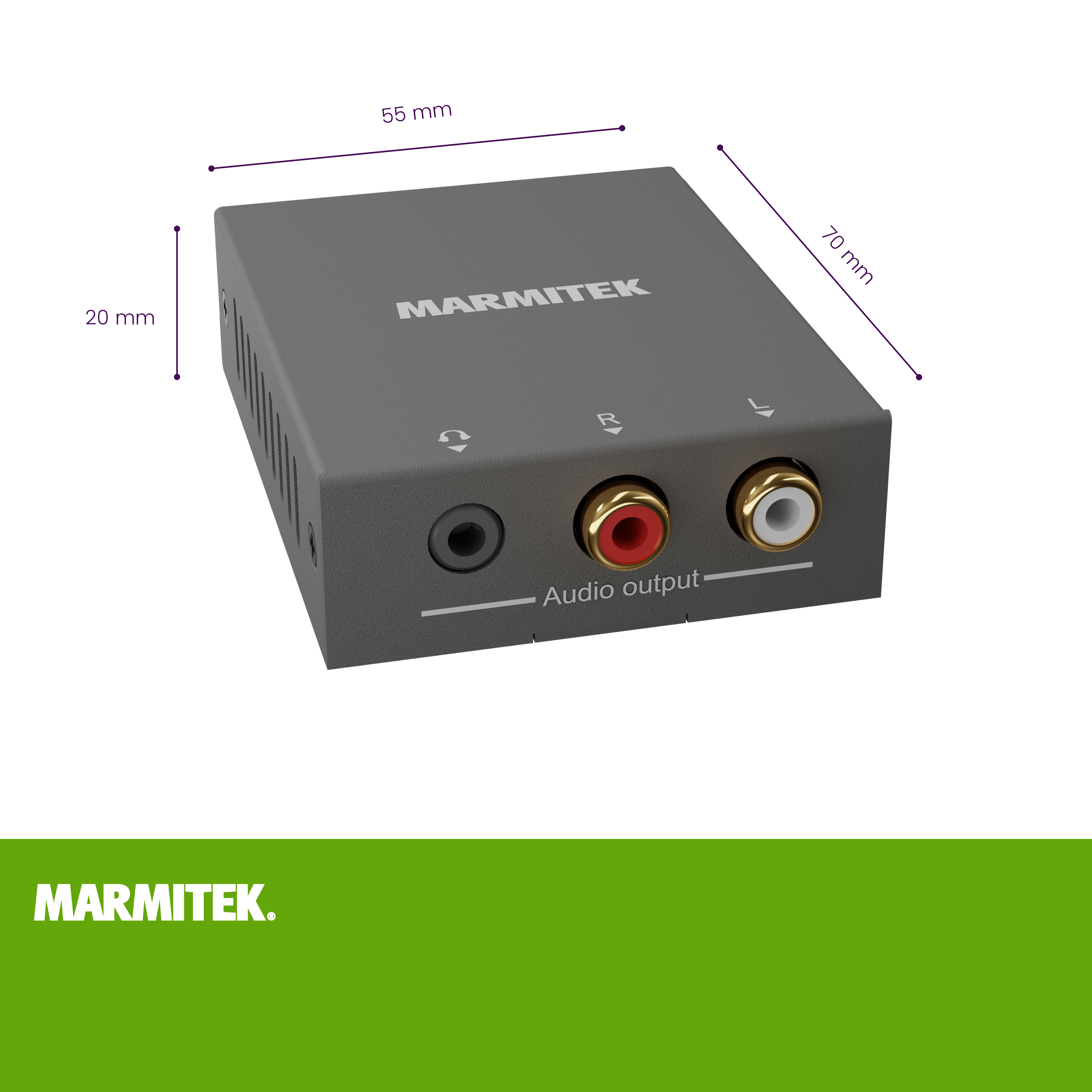 Gray Marmitek audio converter with audio output ports and dimensions displayed.