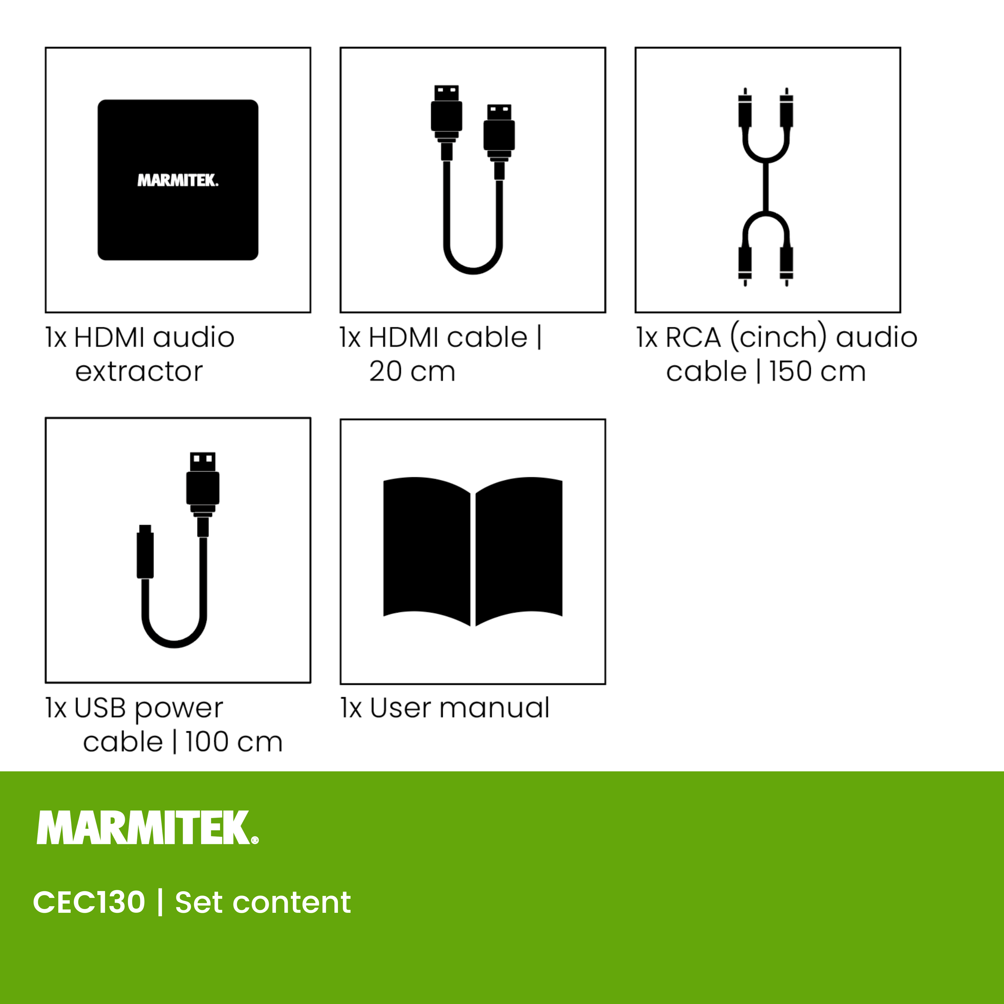 Black and white product illustrations showing HDMI audio extractor and various cables.