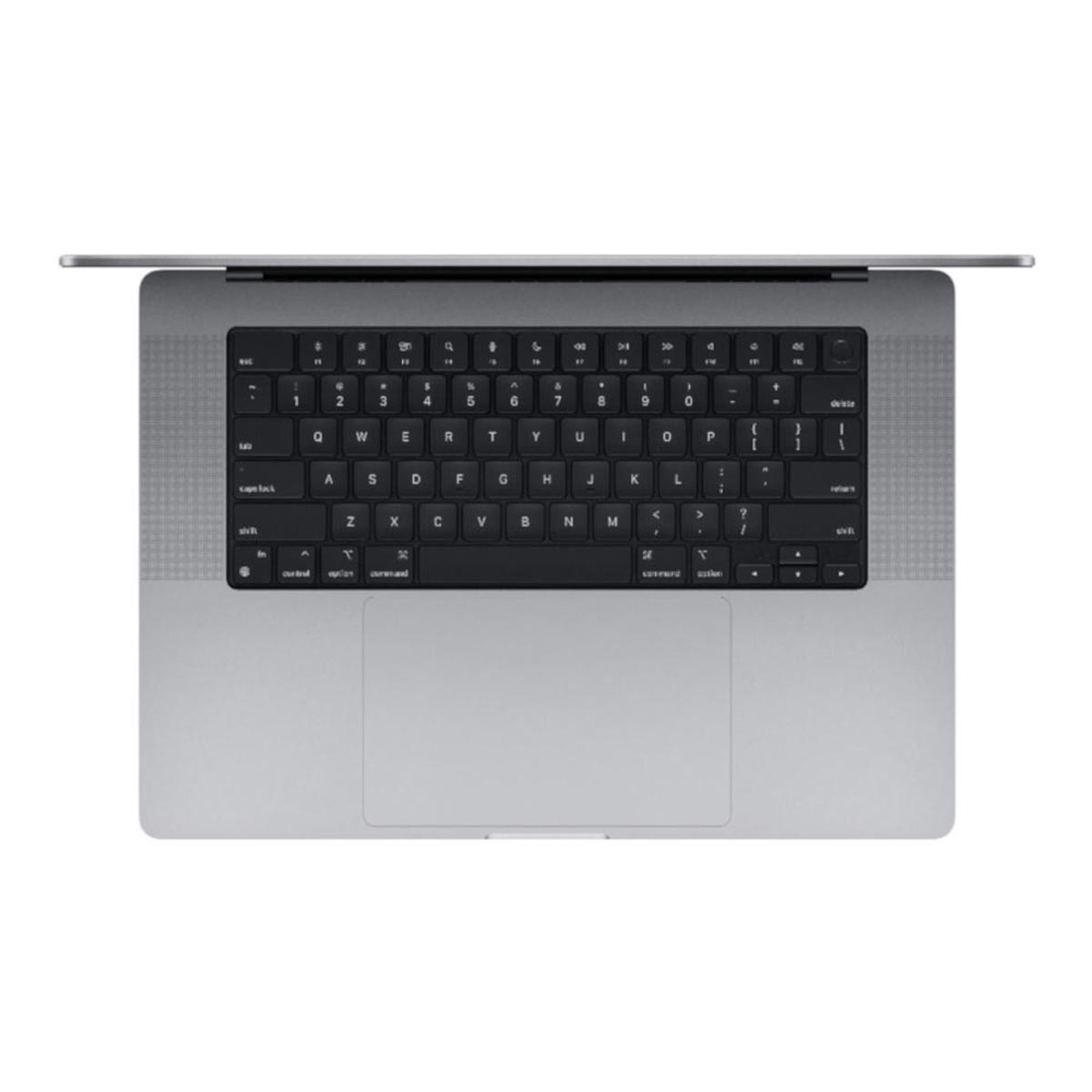 Laptop-Tastatur, Draufsicht, auf silbernem Gehäuse, mit geöffnetem Bildschirm.