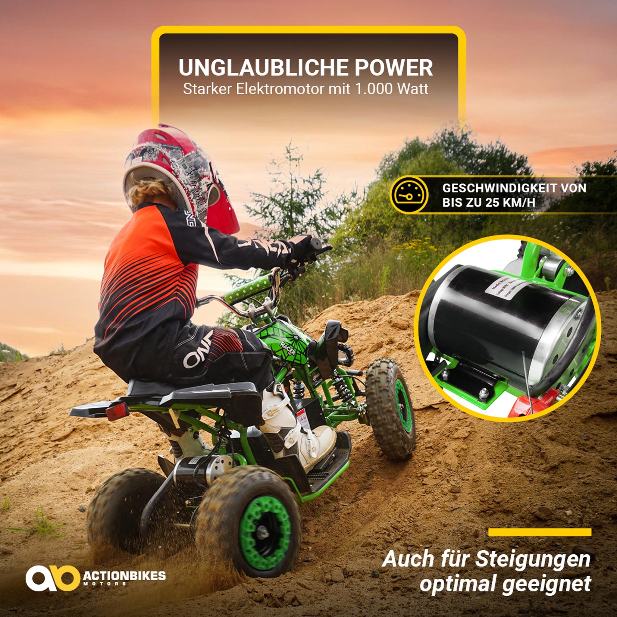 Kind auf einem grünen ATV fährt einen Hügel hinauf. Text über Leistung und Geschwindigkeit des ATV.