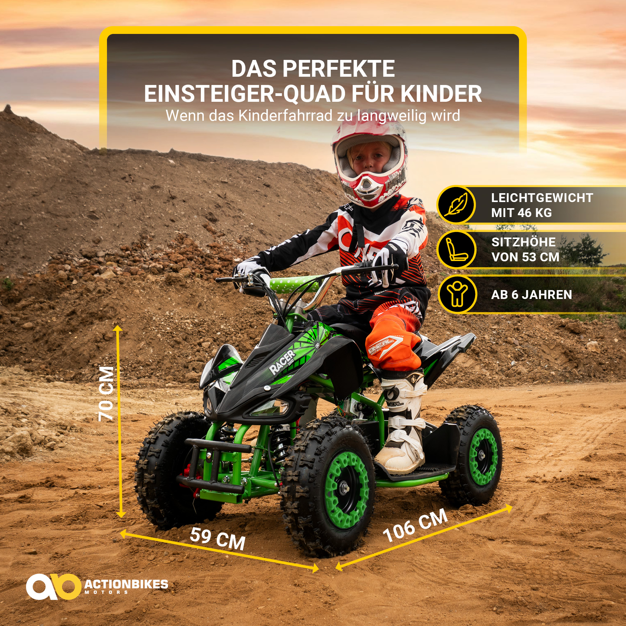 Ein Kind auf einem grünen Quad mit Text über das perfekte Quad für Anfänger für Kinder.
