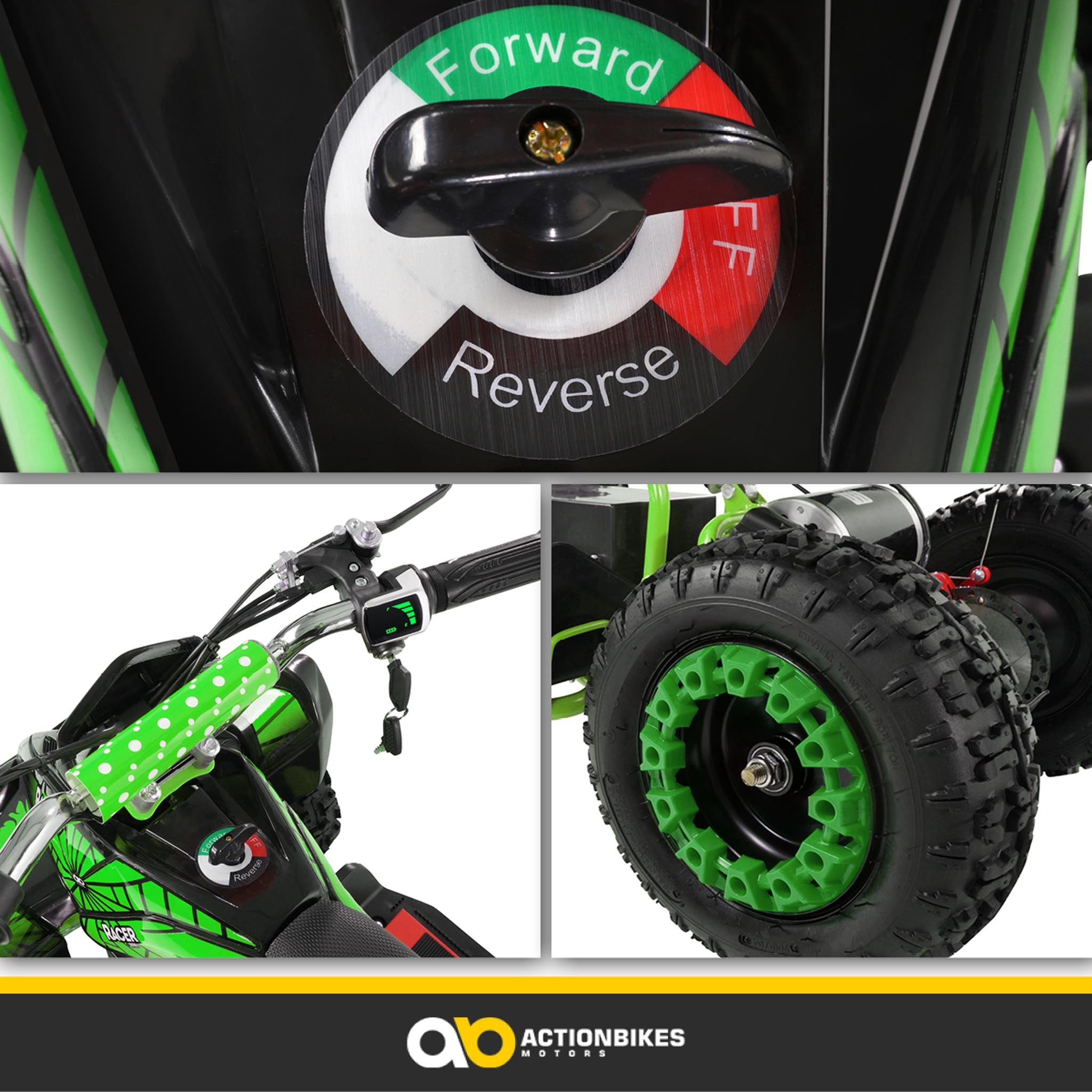 Nahaufnahme eines Quadbikes mit Vorwärts-/Rückwärts-Schalter, Lenker und Rädern.