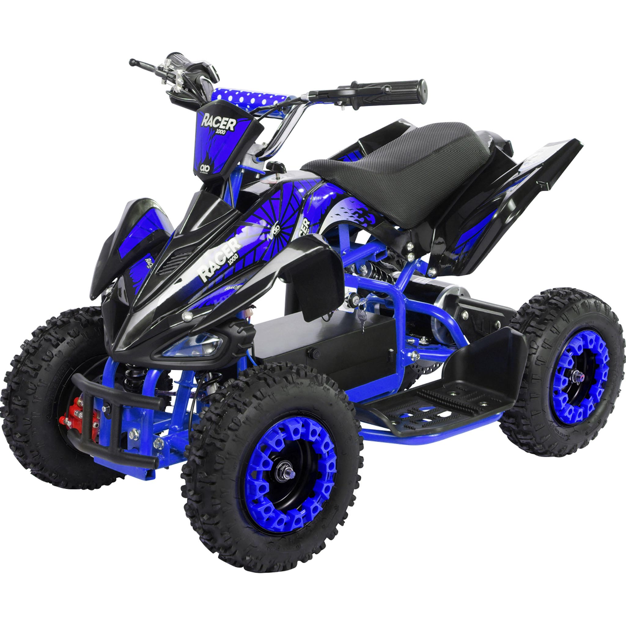 Blaues und schwarzes Mini-ATV auf weißem Hintergrund.