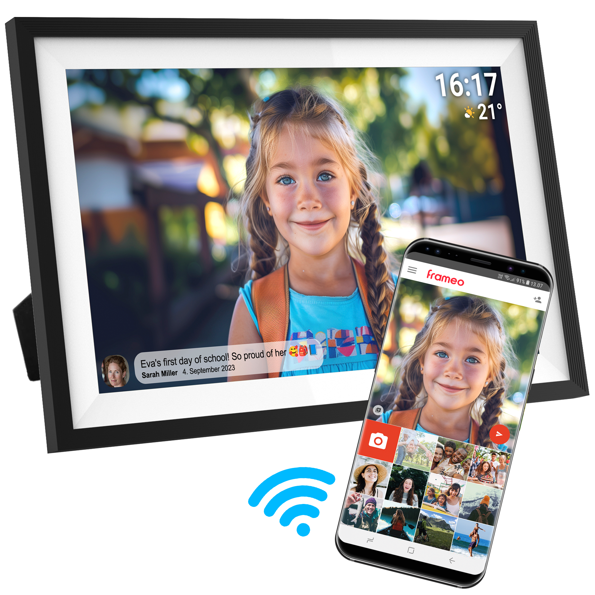 Digitaler Bilderrahmen mit Kinderfoto und Smartphone mit ähnlichem Foto.