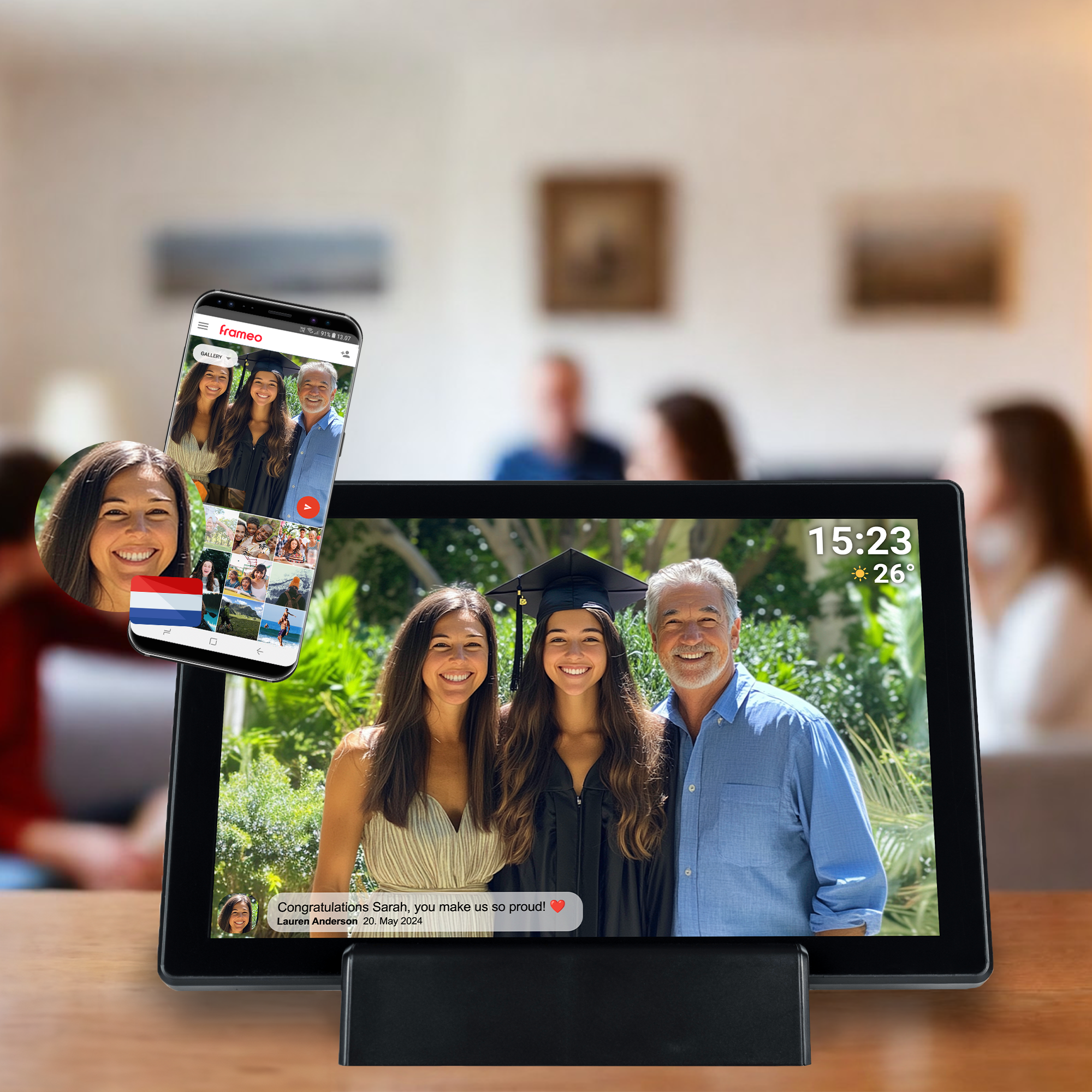 Tablet displaying a photo of a family. A phone on the side shows a gallery with similar photos.
