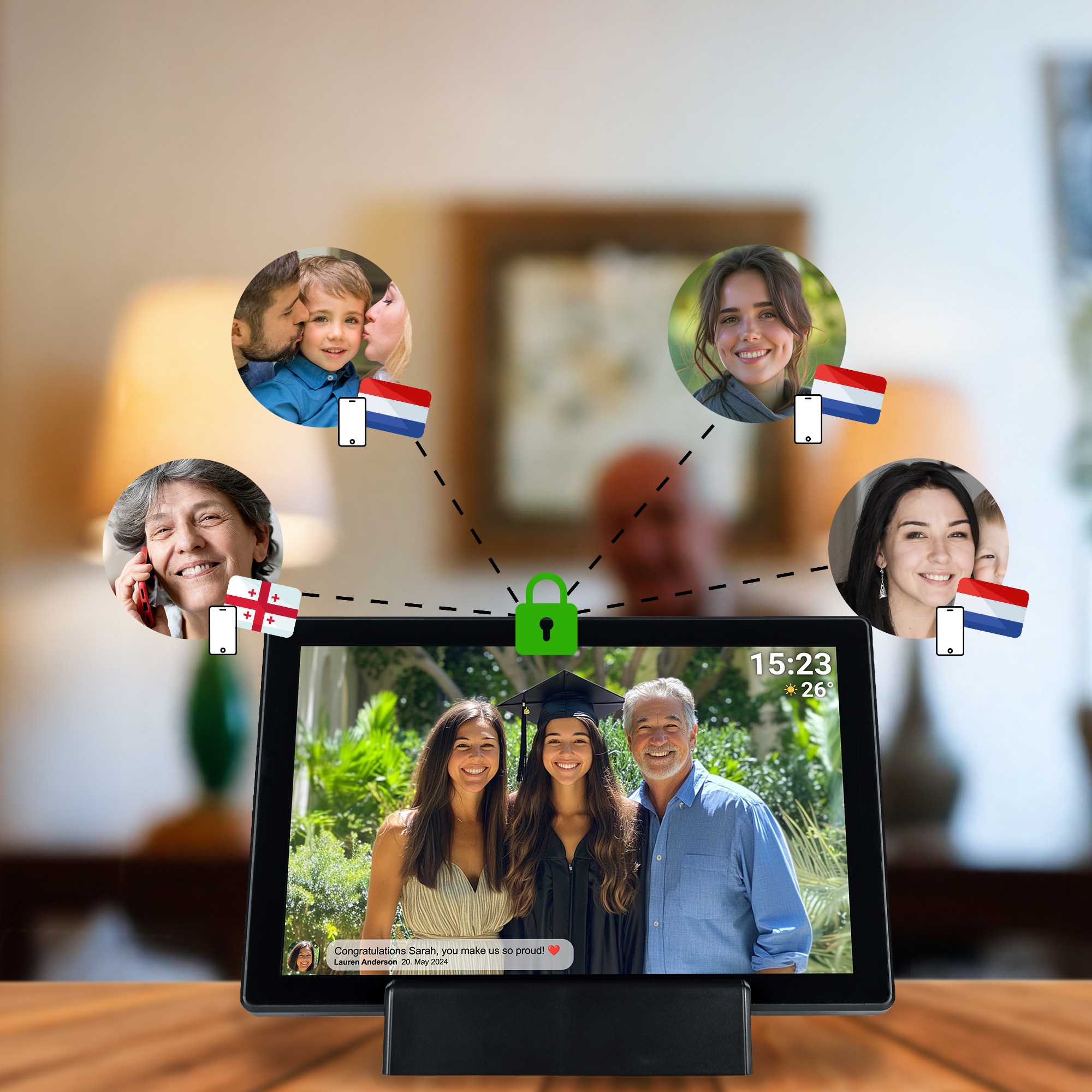 Family on a tablet screen with video calls from other family members. A lock icon is present.