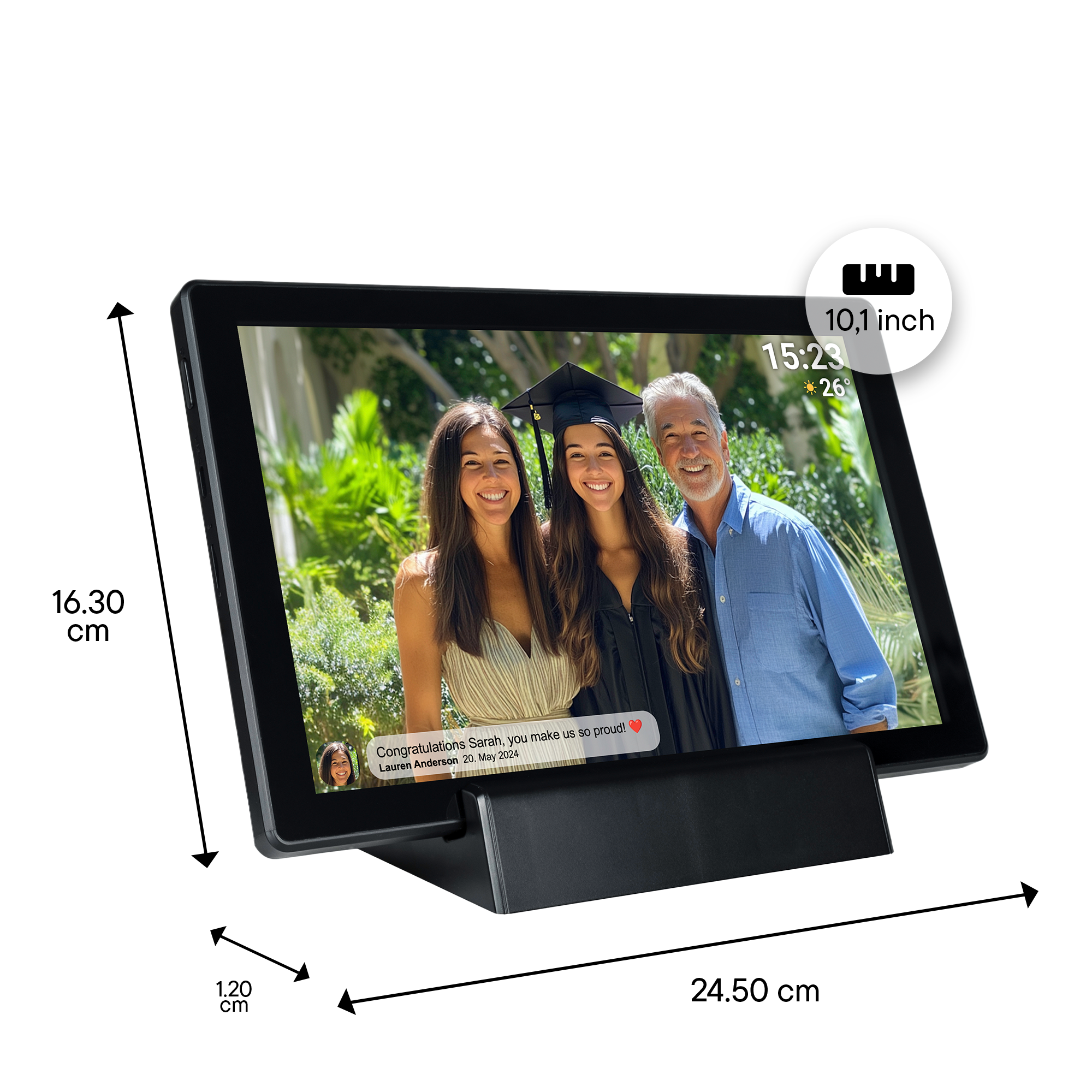 Tablet displaying a graduation photo with a stand. Dimensions of the tablet are labeled.