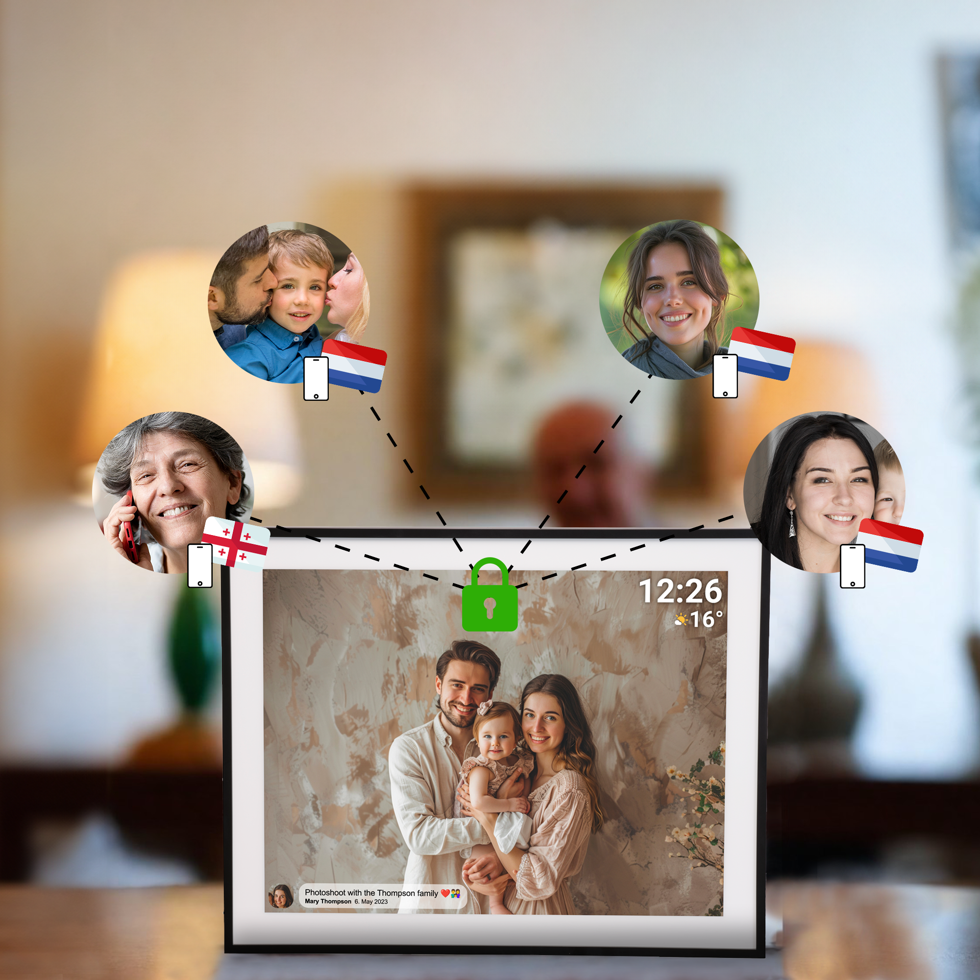 Cyfrowa ramka na zdjęcia wyświetlająca zdjęcie rodzinne, otoczona połączeniami wideo.