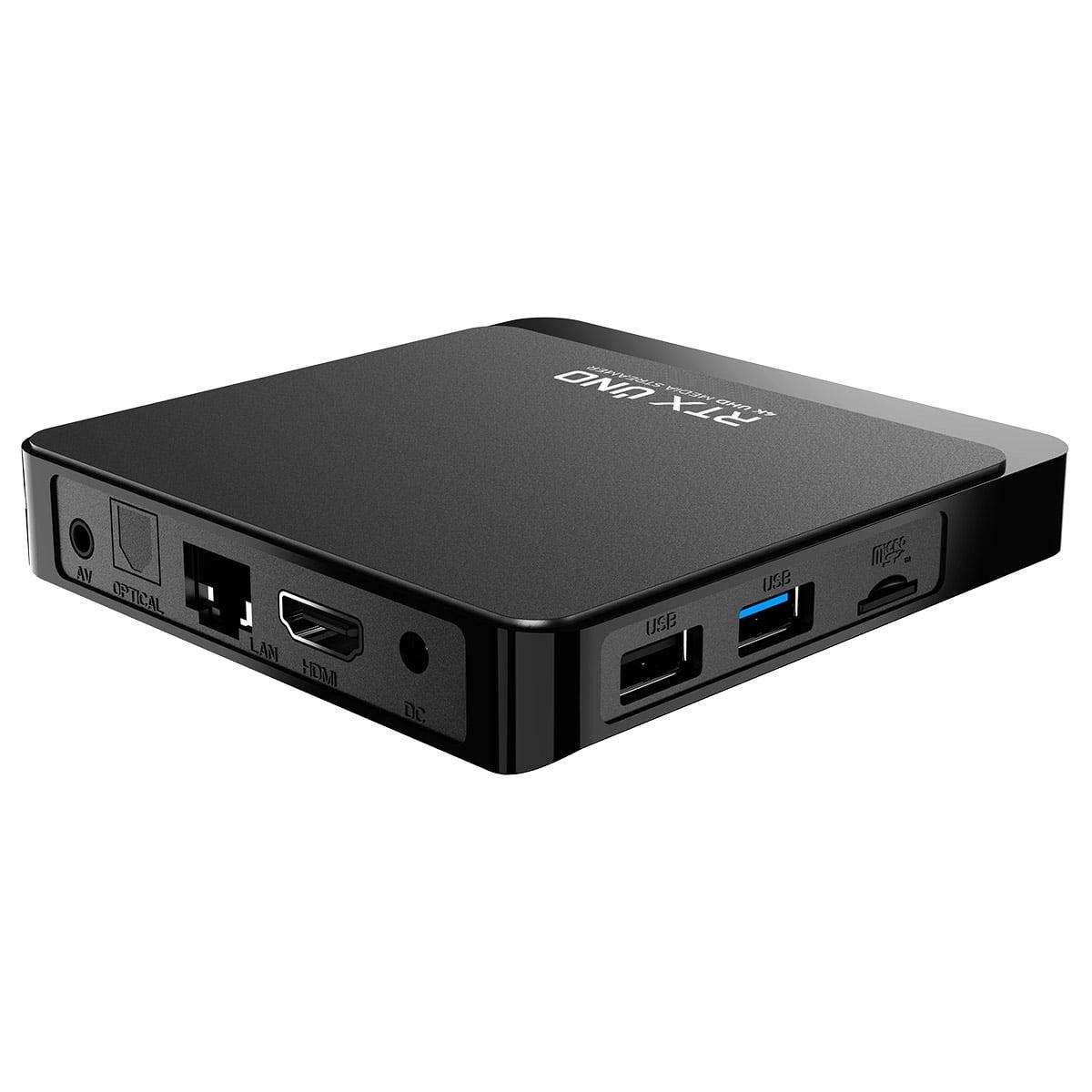 Schwarze Set-Top-Box mit sichtbaren Anschlüssen, darunter USB, HDMI und LAN.