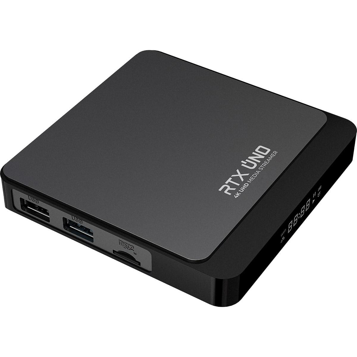 Schwarzer RTX UNO Medienstreamer mit USB- und anderen Anschlüssen.