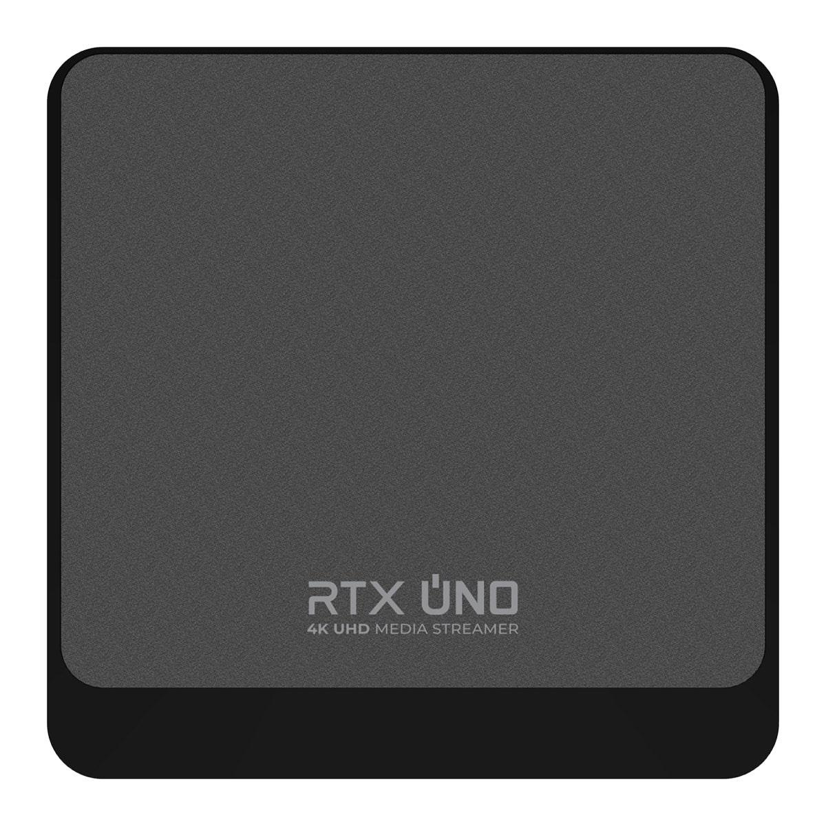 Ein schwarzer Media-Streamer mit der Aufschrift 'RTX UNO' und einer dunkelgrauen Oberfläche.