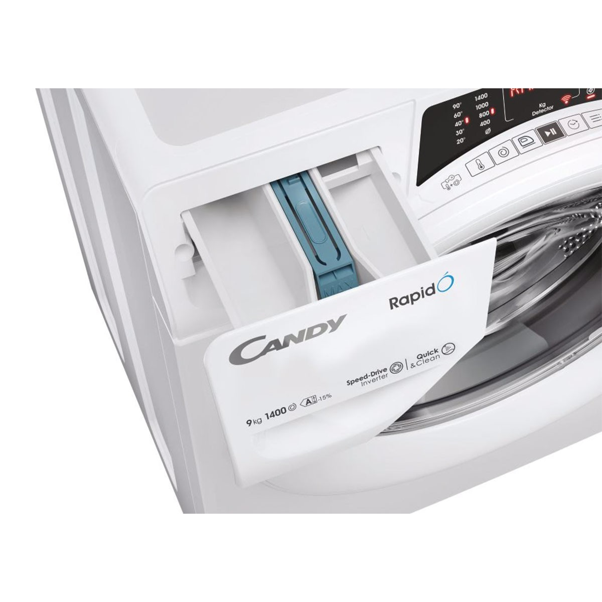 Lavatrice bianca con cassetto detersivo aperto, su sfondo bianco.