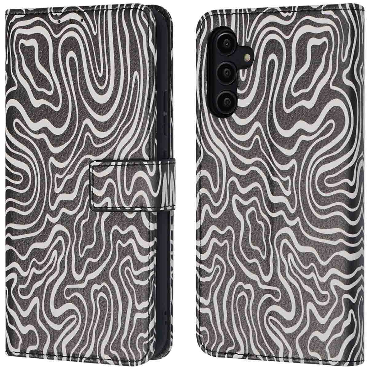 Coque de téléphone zébrée noir et blanc, ouverte, avec téléphone, et fermée.