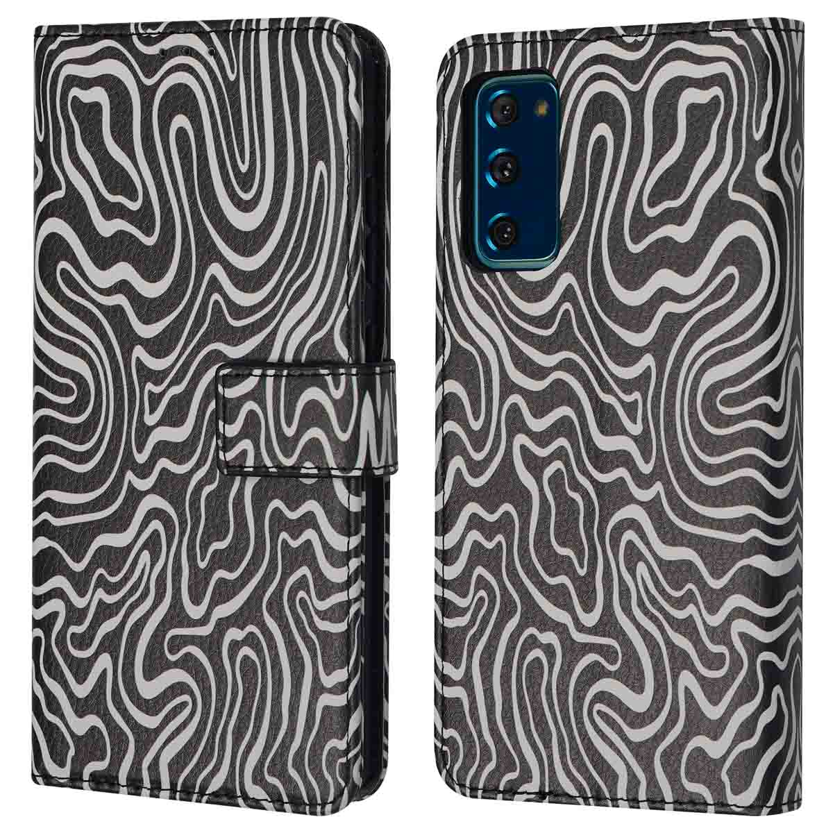 Étui de téléphone à imprimé zèbre noir et blanc, ouvert et fermé.