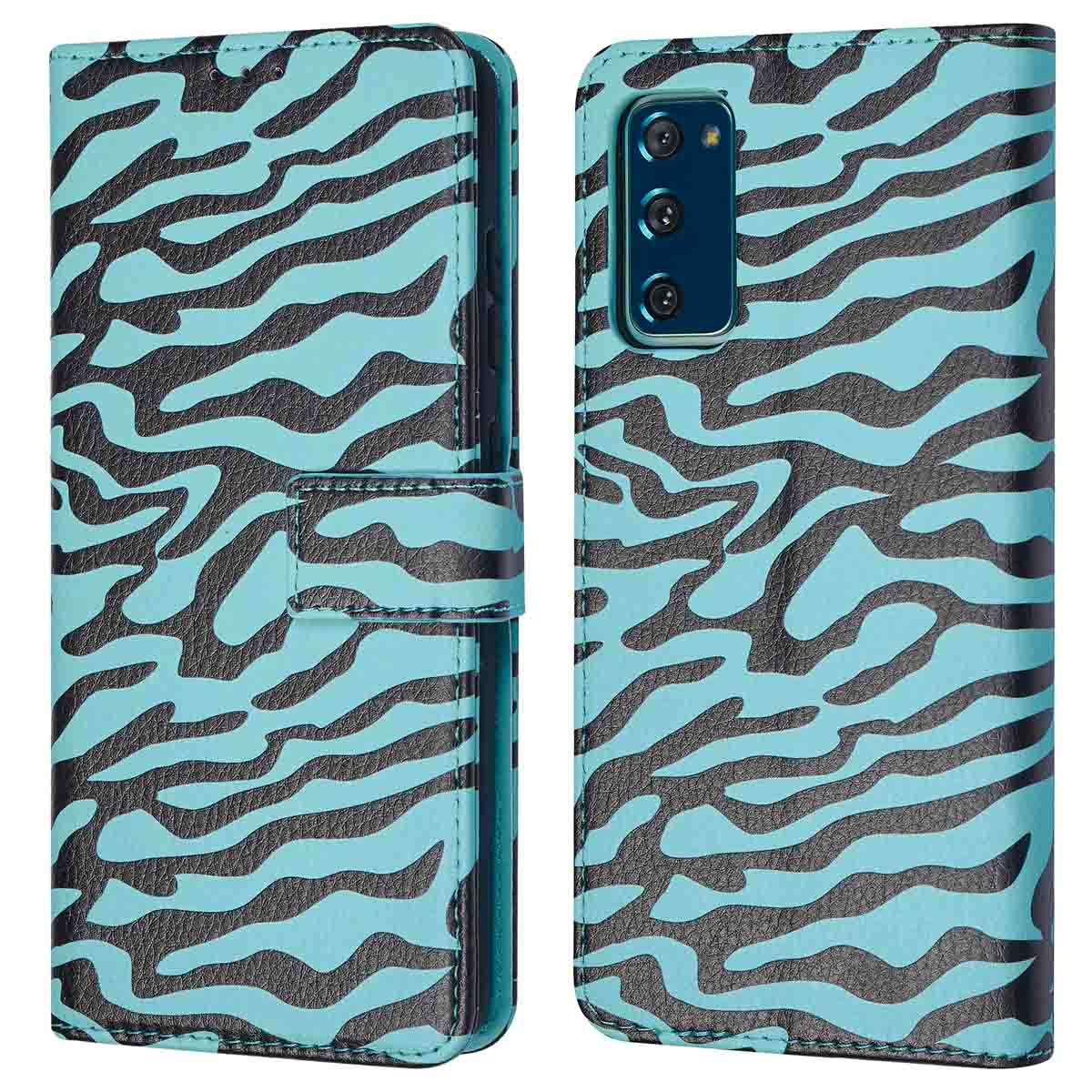 Coque de téléphone bleue avec imprimé zébré noir, ouverte et fermée.